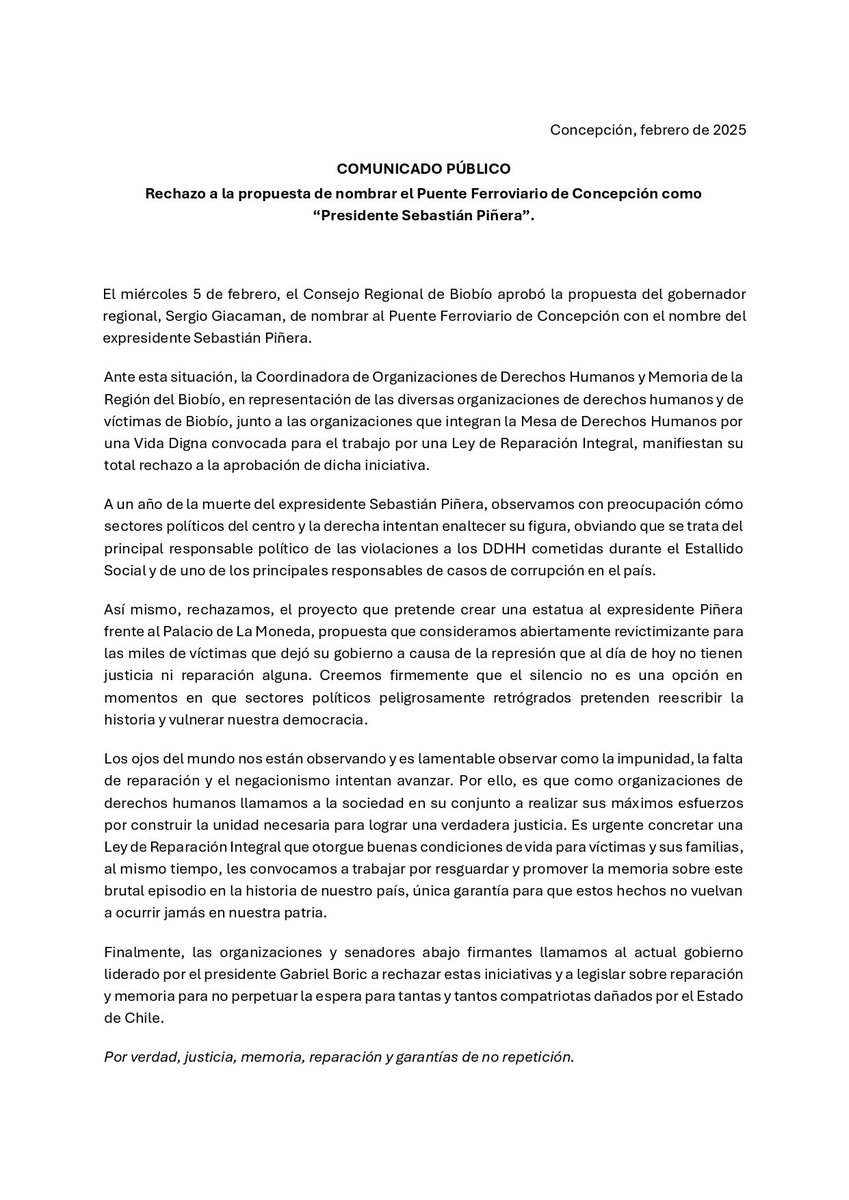 DignidadFabiola's tweet image. DECLARACIÓN | Comparto con ustedes la declaración pública exigiendo el rechazo a la propuesta de nombrar el Puente Ferroviario de Concepción como “Presidente Sebastián Piñera”.