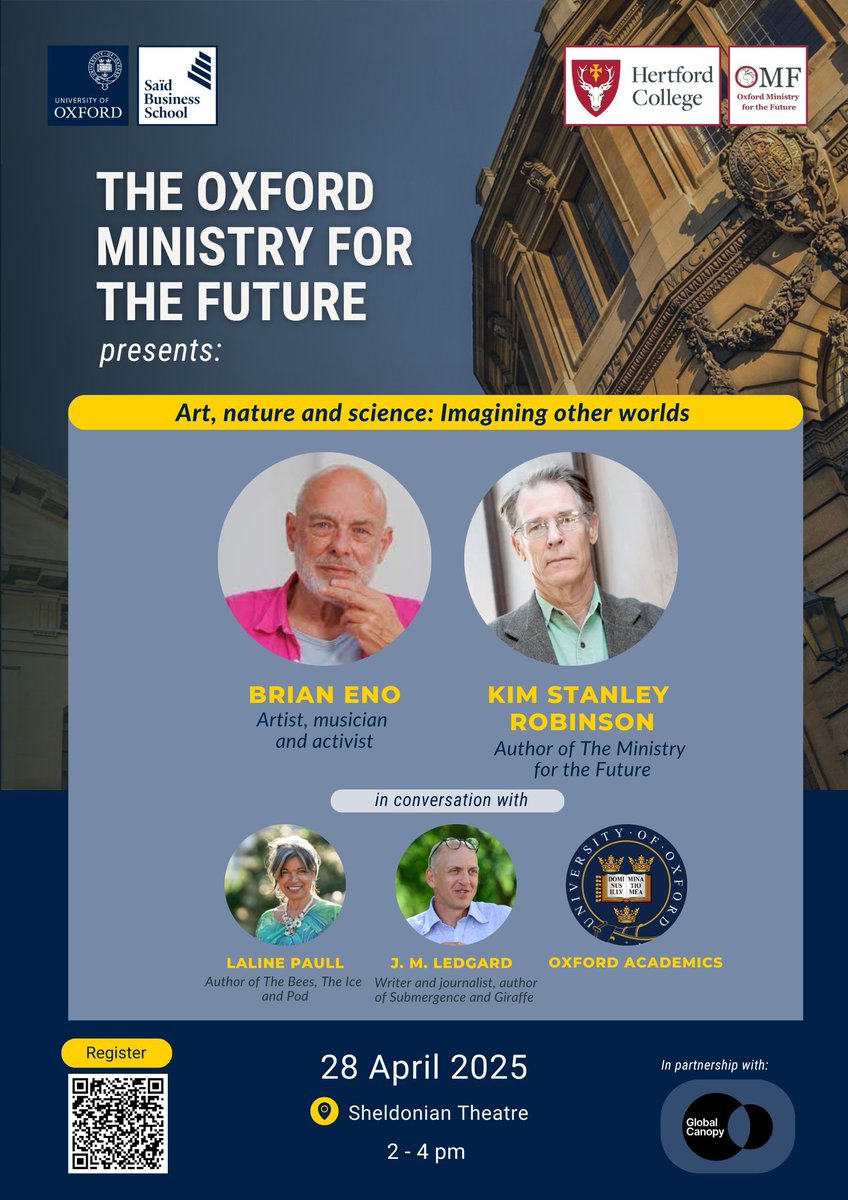 We're incredibly excited to be joining <a href="/HertfordCollege/">Hertford College, Oxford</a> and Oxford Ministry for the Future at this special event at the Sheldonian Theatre.

<a href="/brianeno/">Brian Eno</a> and Kim Stanley Robinson with <a href="/LalinePaull/">Laline Paull FRSL</a> and J.M Ledgard on Art, Nature and Science.

Free to attend on 28th April
