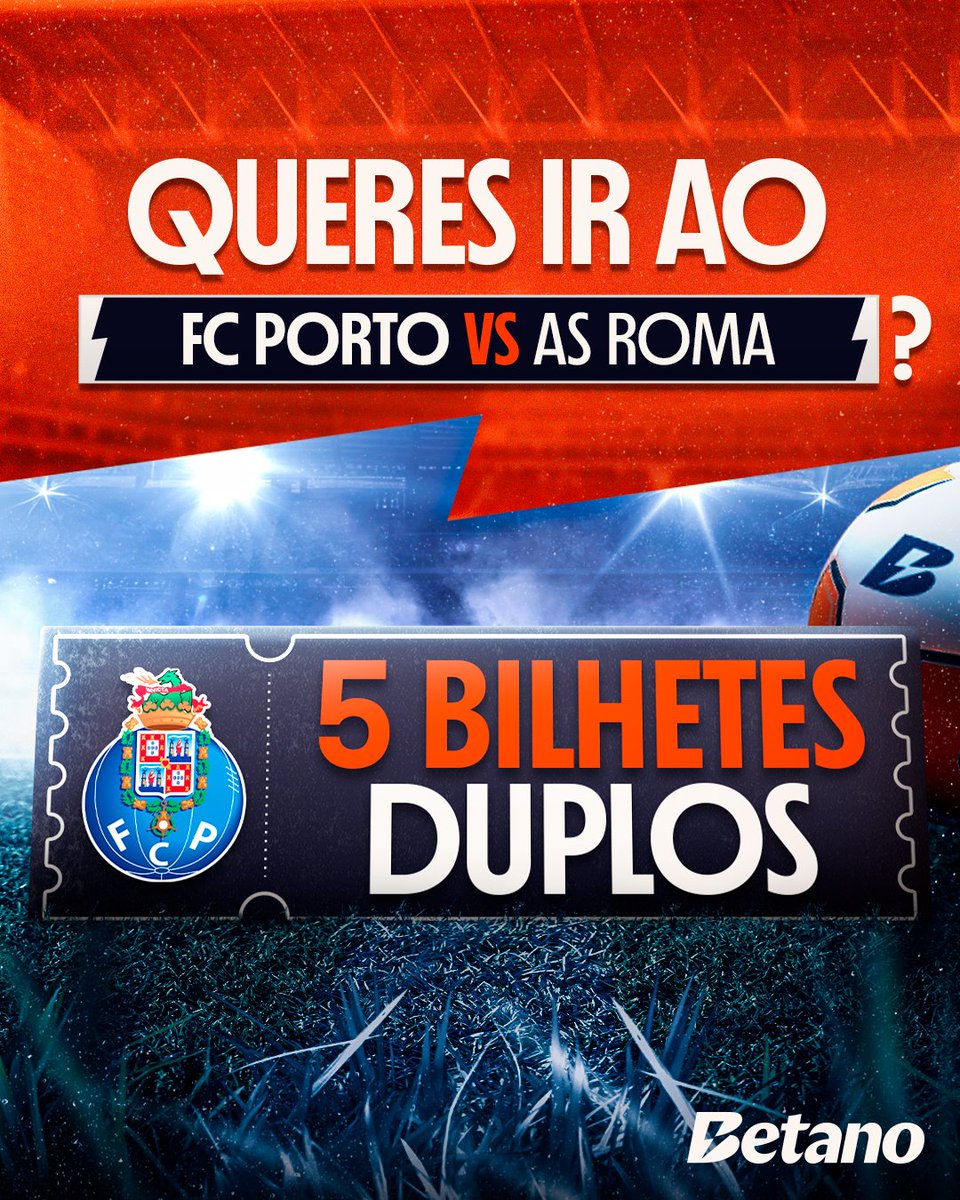 Temos 5️⃣ bilhetes duplos para o @fcporto 🆚 AS Roma! Para ganhares, só tens de:

👉 Seguir a <a href="/Betano_PT/">Betano Portugal 🔞</a>
👉 Like, RT e marcar 3 amigos

📌 Termina dia 12/02 às 15h00. Anunciamos os vencedores até às 16h00.
