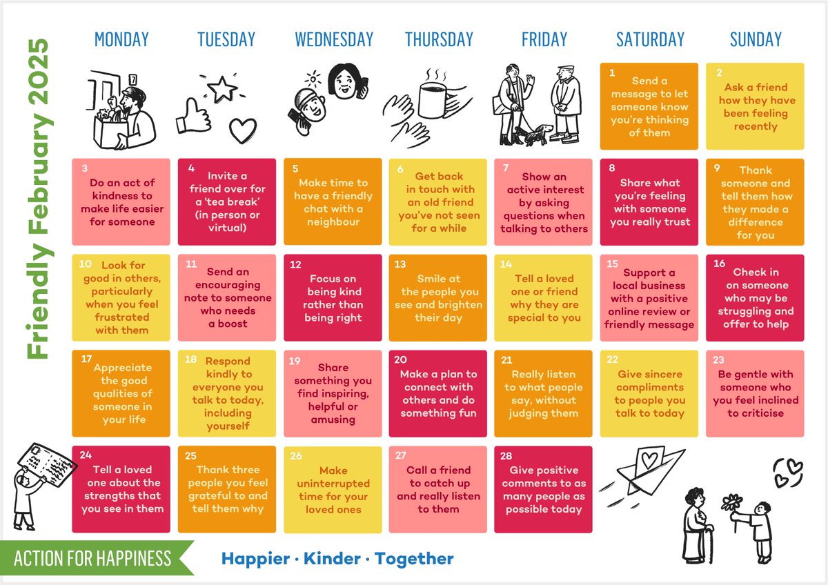 LearningCAL's tweet image. Today is International Day of Happiness! This year’s theme reminds us that lasting happiness comes from caring for each other, feeling connected and being part of something bigger.

Have a look at these daily ideas to have a Friendly February

actionforhappiness.org/calendar