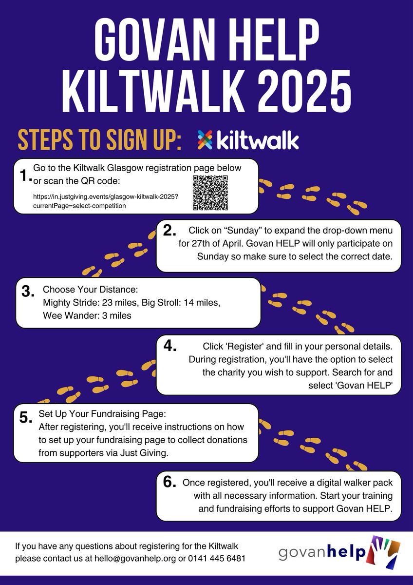 Ready to make a difference? Follow these simple steps to join Team Govan HELP for the Glasgow Kiltwalk 2025 on Sunday 27 April!
💯 100% of funds raised go directly to Govan HELP plus extra 25% Gift Aid
📢 Sign up now &amp; let’s walk together!
in.justgiving.events/glasgow-kiltwa…