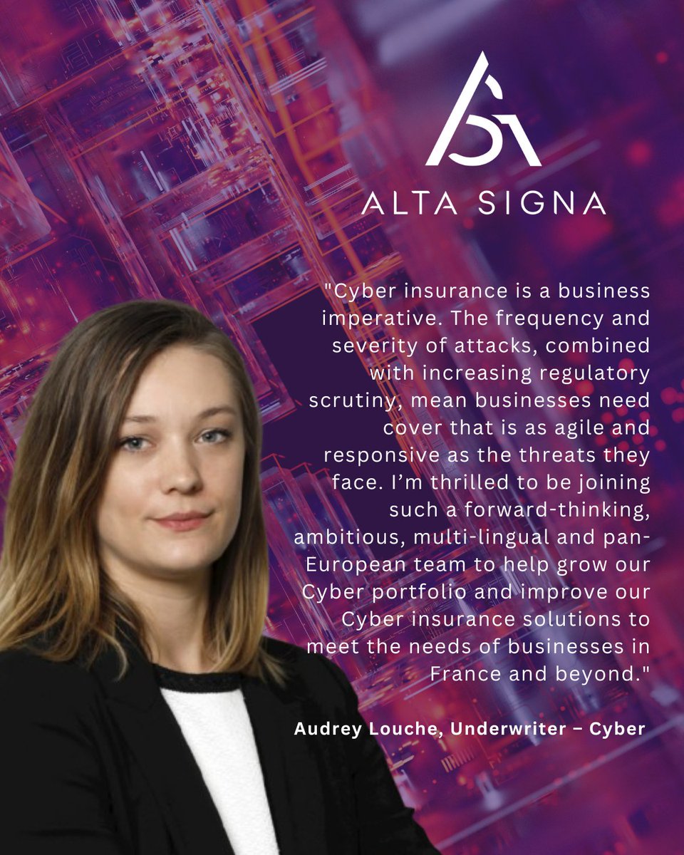 European boutique #MGA @Alta-Signa has announced the appointment of seasoned Cyber Underwriter Audrey Louche to its Cyber Division, further strengthening its capabilities in a market where cyber threats are evolving at an unprecedented pace.

Read more: altasigna.com/news-en/audrey…