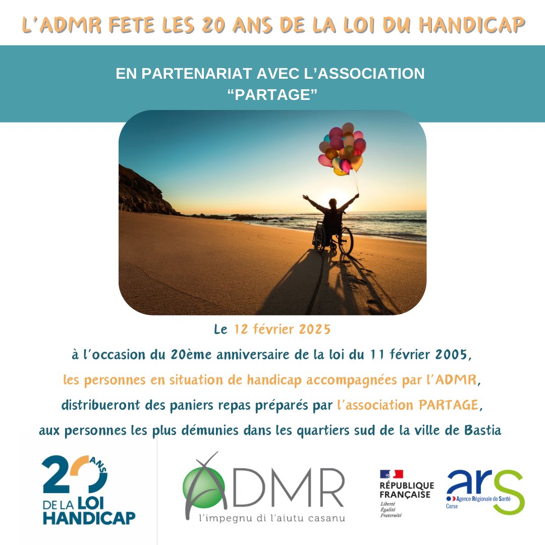 Le 12 février, à l’occasion du 20ème anniversaire de la loi du 11 février 2005, en partenariat avec l’association #PARTAGE, les personnes en situation de handicap accompagnées par l’ADMR, distribueront des paniers repas aux familles défavorisées des quartiers sud de la ville.
