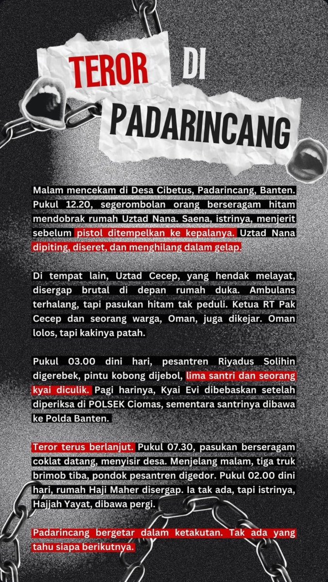 LBH_Jakarta's tweet image. Bayangkan apabila kampung, desa, pemukiman, atau komplek tempat kalian tinggal mengalami teror sebagaimana yang dialami warga di Desa Cibetus, Padarincang, Banten.

Bayangkan juga apabila ibu, bapak, kakek, nenek, om, tante, kakak, adik, atau anak kalian mengalami hal tersebut.