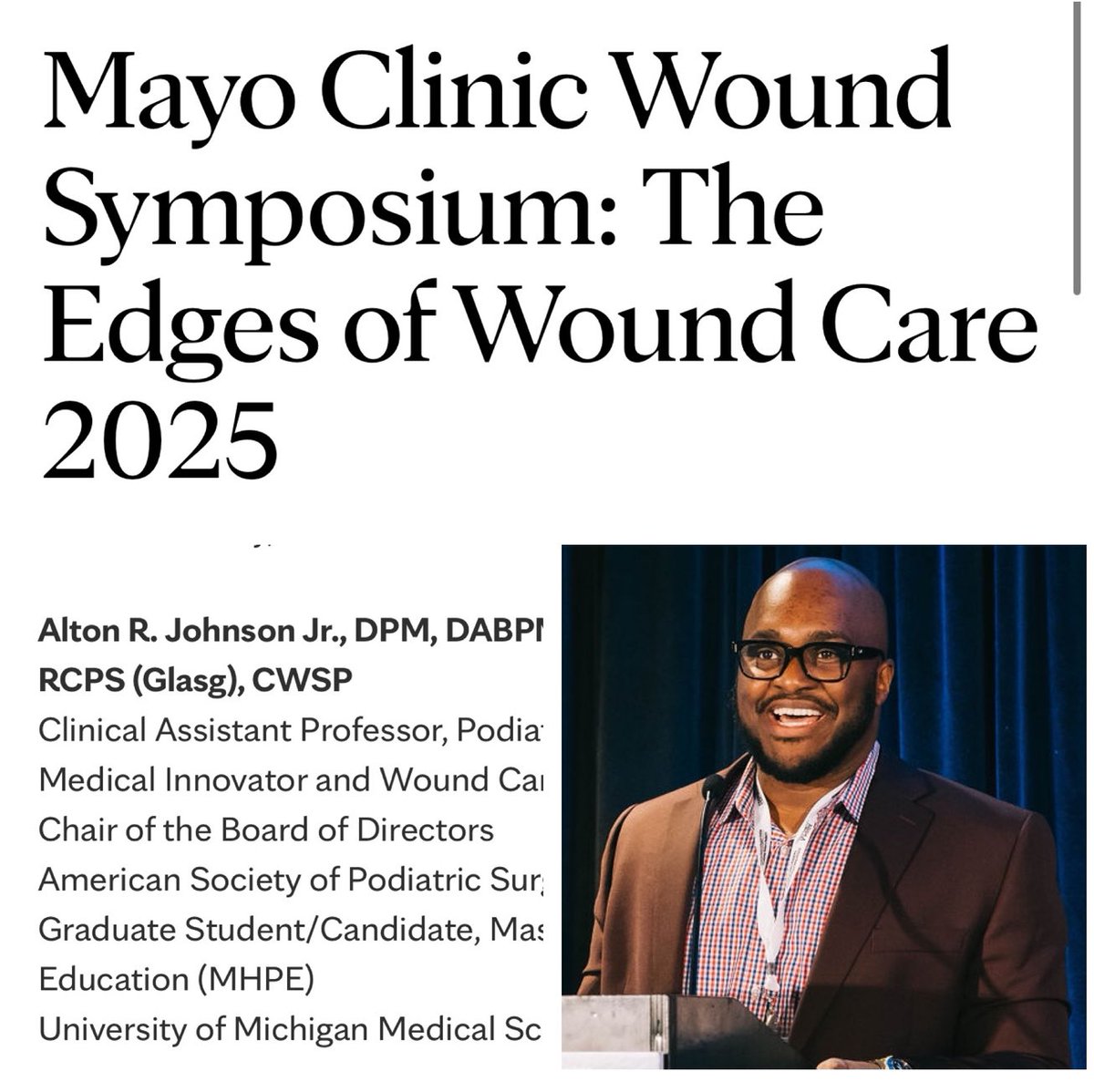 Alton R. Johnson Jr., DPM, FFPM RCPS (Glasg), CWSP (@ajthefootdoc) on Twitter photo Honored to be an invited speaker at the #1 ranked hospital in the U.S. <a href="/MayoClinic/">Mayo Clinic</a> . I will be speaking February 27th in-person and livestream.
ce.mayo.edu/physical-medic… Honored to be an invited speaker at the #1 ranked hospital in the U.S. <a href="/MayoClinic/">Mayo Clinic</a> . I will be speaking February 27th in-person and livestream.
ce.mayo.edu/physical-medic…