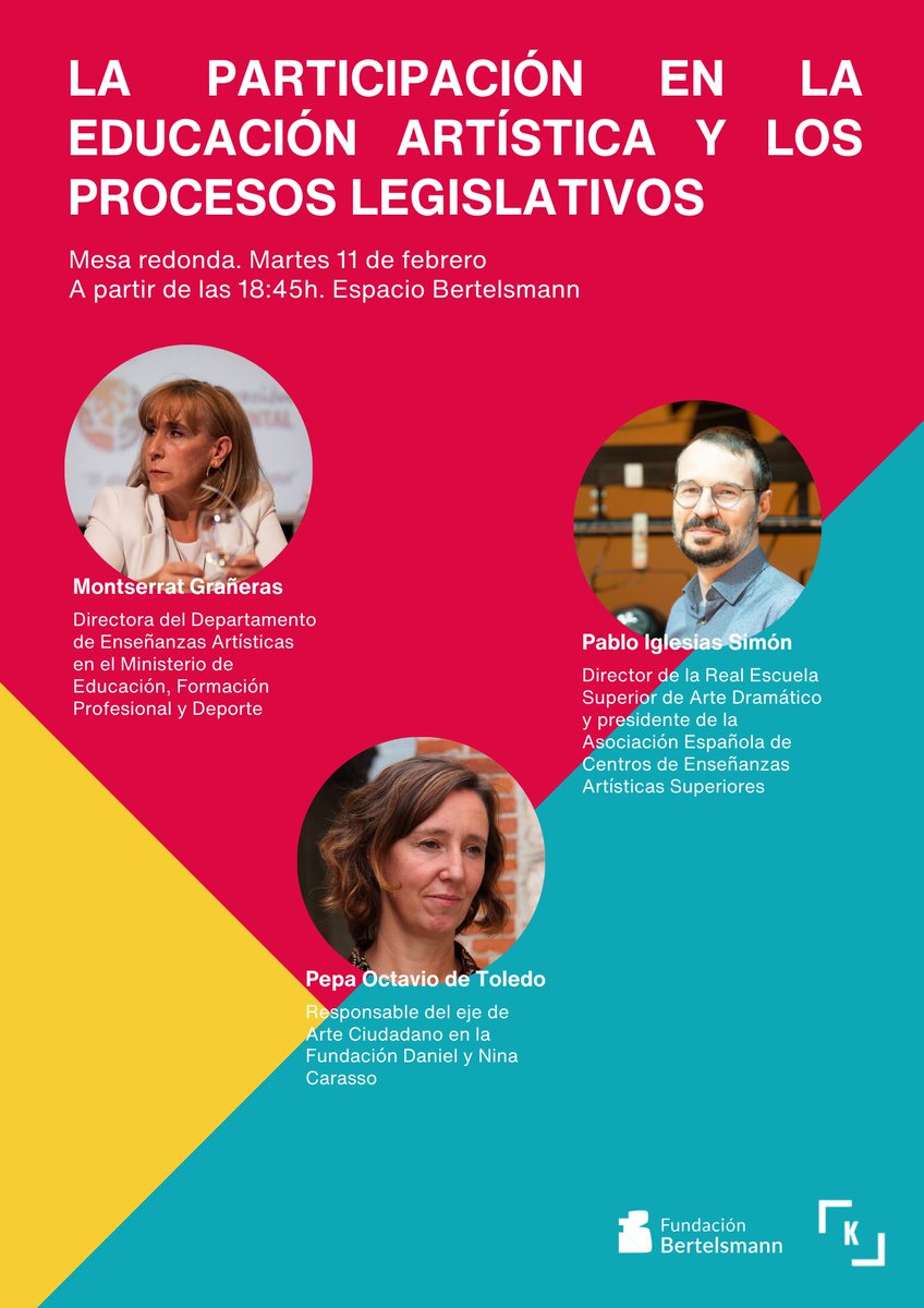 Mañana 11/02 a las 18:45 estaré en la mesa “La participación en la educación artística y los procesos legislativos”, organizada por <a href="/kubbocompany/">Kubbo</a> en Espacio Bertelsmann, junto con Pepa Octavio de Toledo y Montserrat Grañeras, moderados por <a href="/KikeLabian/">Kike Labián</a> 
🔗 docs.google.com/forms/d/1_ATun…