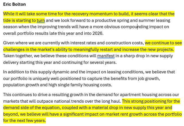 jayparsons's tweet photo. MAA, America's largest apartment REIT by unit count with >100k units concentrated in the Sun Belt, had its earnings call a few days ago. Lots of color. Highlights:

1) New supply continues to push down rents (-8% YoY on new leases) but "the tide is starting to turn" ... https://t.co/rxVB6LY2G3