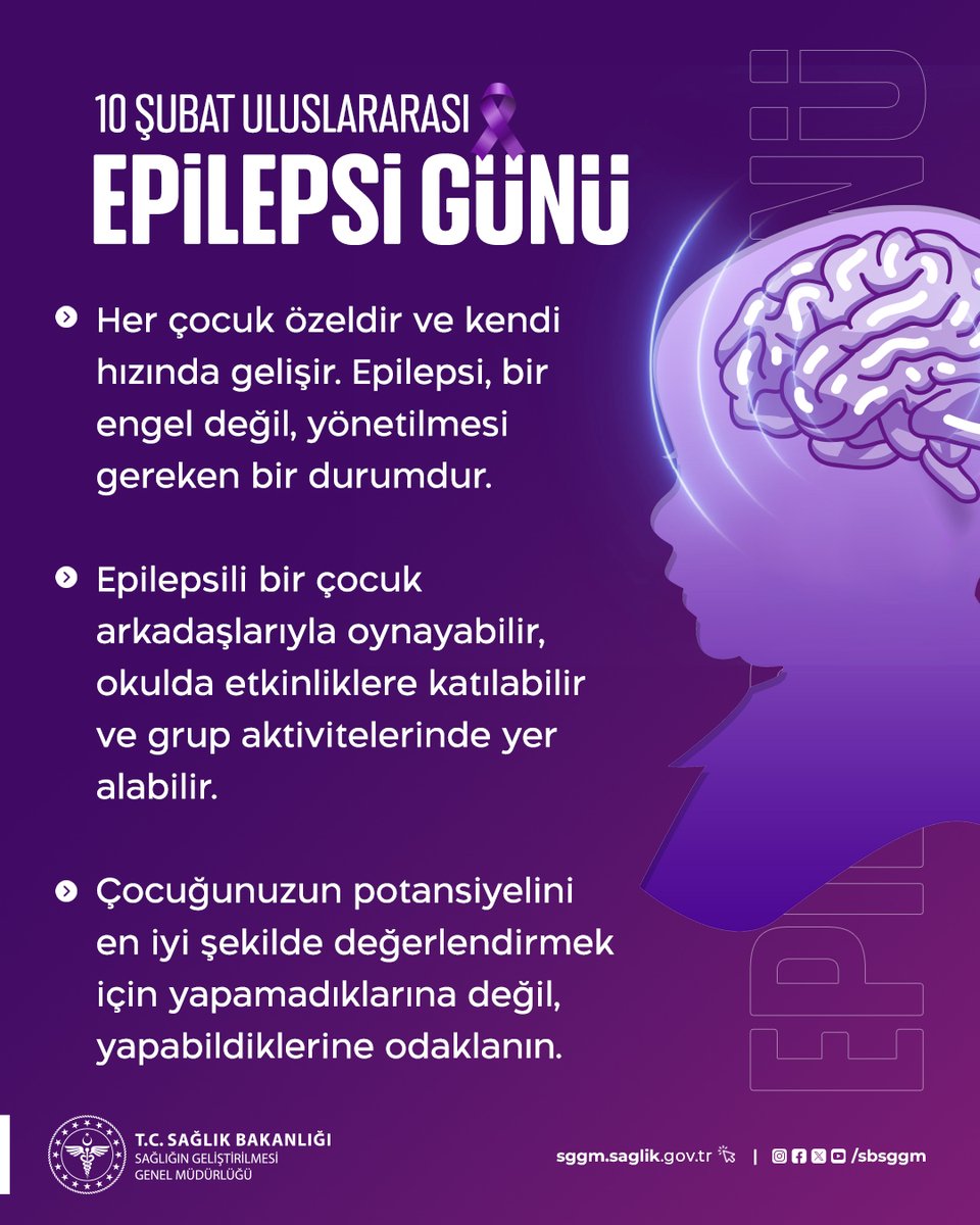 Her çocuk farklı hızlarda gelişir ve bu süreçte sevgi, sabır ve doğru yönlendirme ile başarılı bir yaşam sürdürebilir.

Çocuklarımızın yapabildiklerini keşfederek, öz güvenlerini pekiştirebilir ve onlara en uygun desteği sunabiliriz.

10 Şubat #UluslararasıEpilepsiGünü