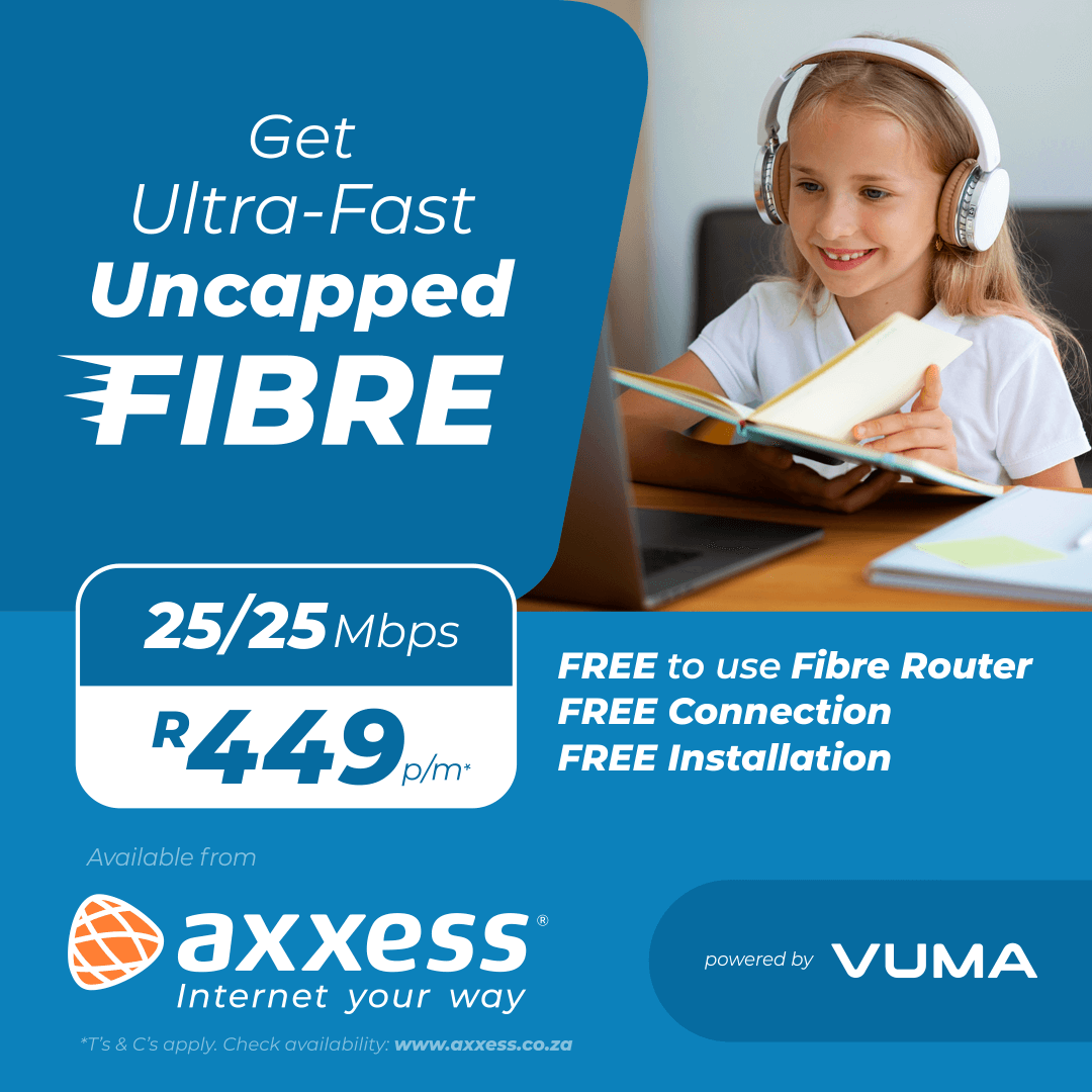vumatel's tweet photo. Enjoy fast and reliable Fibre Internet from @AxxessInternet for only R449 per month! 😁🔥
 
Click here to get started 👉 https://t.co/wIFLpeZoLd
 
#AxxessInternet #Vuma #Fibre #InternetYourWay #BroadbandForAll https://t.co/LgMTY7w2Al