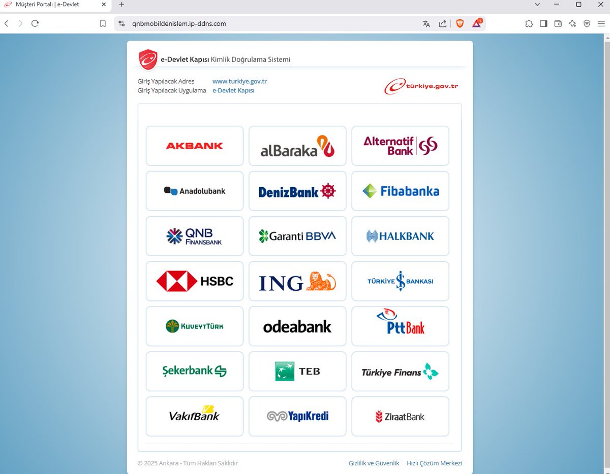 📢Phishing Site📢
🚨E-Devlet
🎣Phishing: hxxps[://]qnbmobildenislem[.]ip-ddns[.]com/
#phishing #trphishing #turkeyphishing #edevletphishing <a href="/Sync_Pundit/">Sync_Pundit 👽😎🔱🔥</a> <a href="/ActorExpose/"> IPAE!</a>  <a href="/urldna/">urlDNA.io</a> <a href="/PhisScan/">Phis Scan</a> <a href="/ULTRAFRAUD/">ULTRAFRAUD</a> <a href="/PhishStats/">Phish.Stats</a> @phisherofman <a href="/cyberishlab/">cyberishlab</a> <a href="/tdatwja/">misaki</a> <a href="/TRCert/">USOM</a>