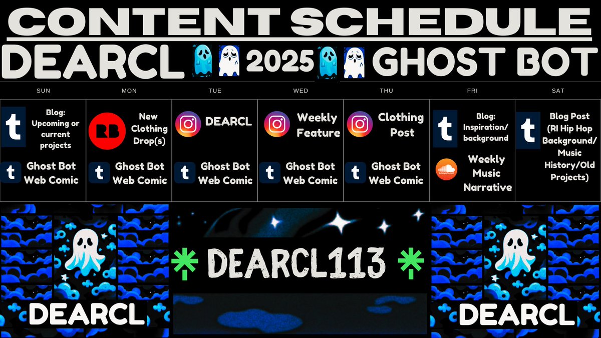 xDearCL's tweet photo. Redone content schedule. Really excited to drop my next project.
https://t.co/WH5TULFW0w
#GraphicDesign #undergroundhiphop #webcomic #DEARCL #narrative #ghostbot #vampiremoneygang https://t.co/OsBcqmcc3F