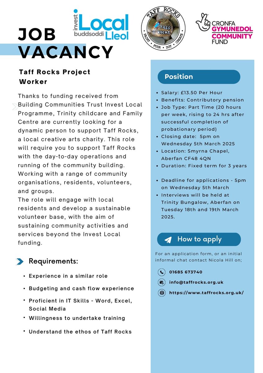 TaffRocks's tweet photo. Taff Rocks Project Worker vacancy.
Thanks to funding from @BCTWales @ILYnysowen programme, Trinity Childcare and Family Centre are looking for a dynamic person to support Taff Rocks.
Follow here for more: https://t.co/WhRvnsCema https://t.co/uBk8JAJ4ar