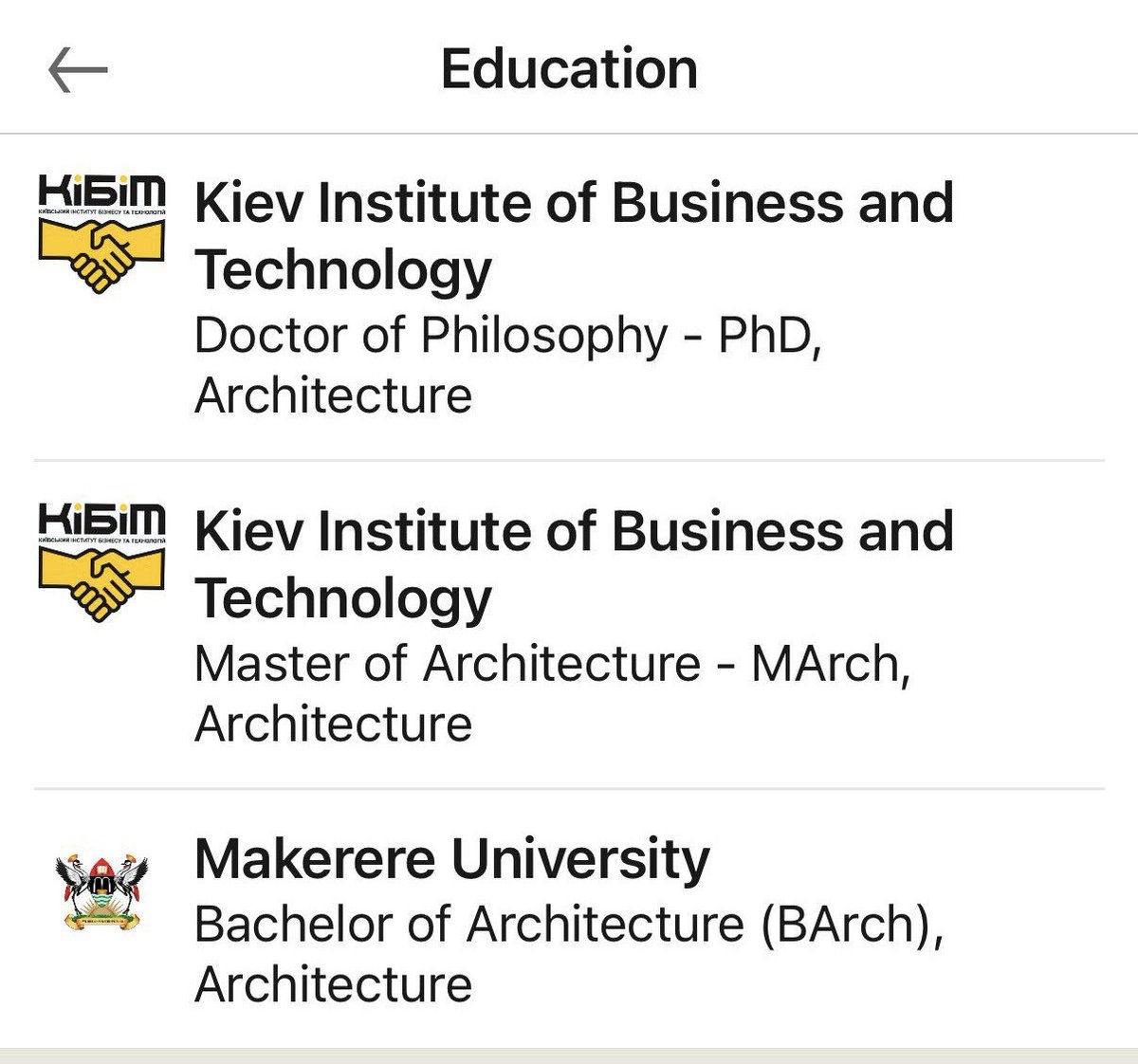 OtafiireH's tweet image. @ProfessorNawangwe’s LinkedIn is changing faster a chameleon! In just 12 hrs, he’s switched from Kiev Institute of Technology to Kyiv National University of Construction and Architecture. Yesterday, he had a Bachelor of Architecture from Makerere. #MakerereUniversityExhibition