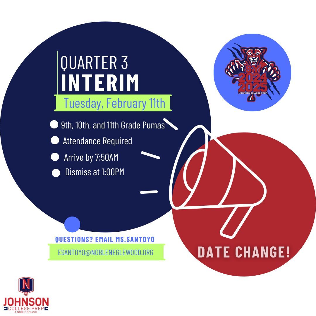 BeNobleJCP's tweet photo. 🔔 Tomorrow is Quarter 3 Interim Pumas❗This is the last Interim of the school year, so let's make it count! Be on time, and remember that students are dismissed at 1 p.m. #benoble #benoblejcp https://t.co/SH27aoxXlH