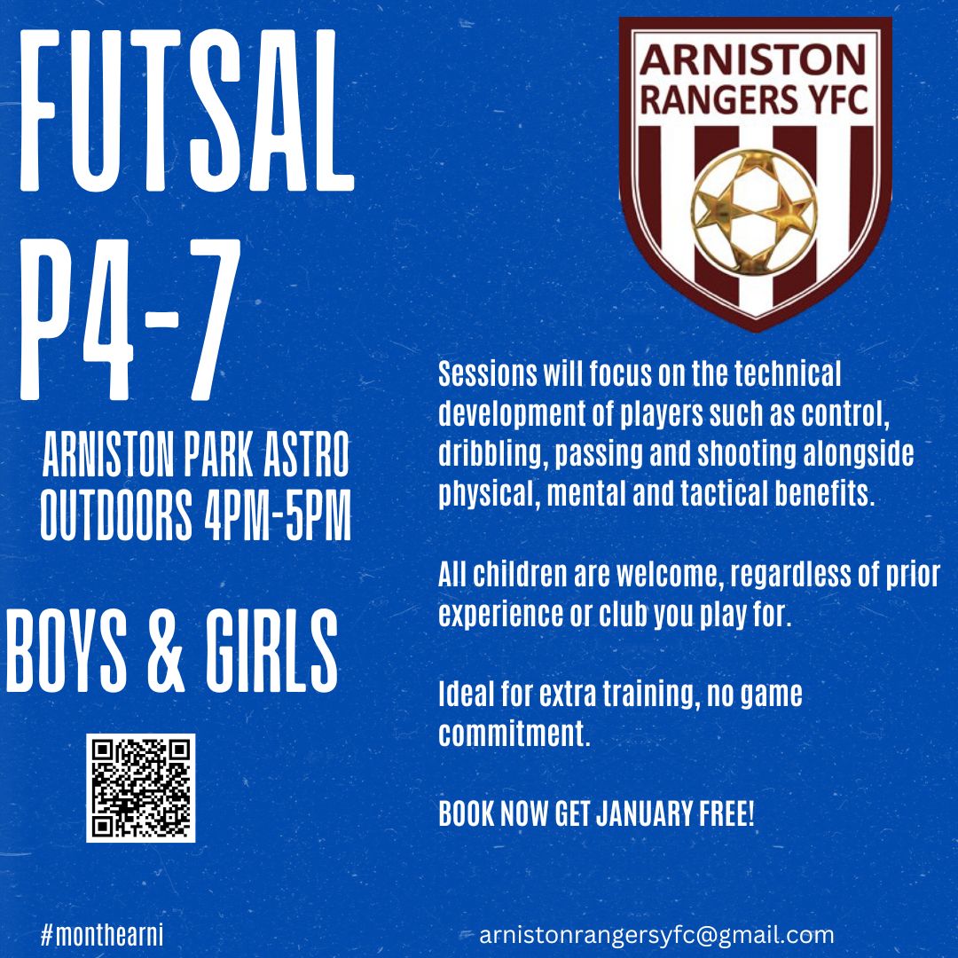 P4-7 FUTSAL

Our new futsal sessions will focus on the technical development of players such as control, dribbling, passing and shooting alongside physical, mental and tactical benefits.

All children are welcome.

BOOK NOW - buff.ly/3RP3NBn