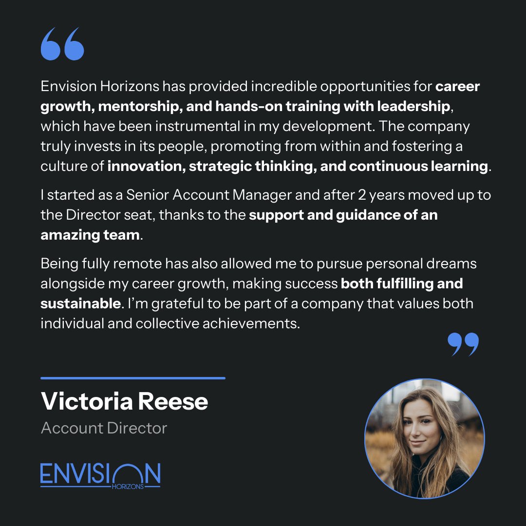 EnvisionHLLC's tweet photo. Here's what our Account Director Victoria Reese has to say about growth at Envision Horizons. Real opportunities, real support, real results!

We're lucky to have her!

#EnvisionHorizons #TeamCulture #AmazonAgency https://t.co/6NQSF8e1ZU