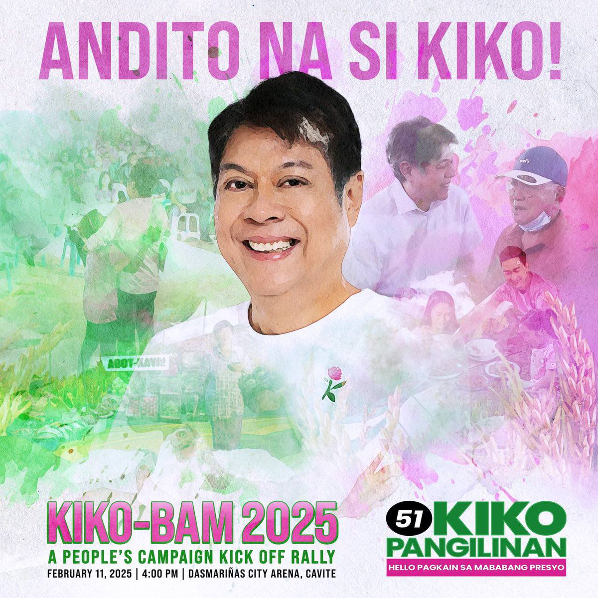 kikopangilinan's tweet photo. 🎶 NANDITO NA SI KIKO! 🎶

Bukas na! Pebrero 11, 4 PM, sama-sama tayo sa People’s Campaign Kick-off Rally sa Dasmariñas Arena, Cavite!

Sa Cavite unang naipaglaban at nakamit ang ating kalayaan. Ngayong 2025, dito rin natin sisimulan ang bagong laban—hindi laban sa dayuhang mananakop, kundi laban sa kahirapan, kagutuman, at kawalan ng pag-asa.

Napababa natin ang presyo ng bilihin noon—at patuloy tayong kikilos para gawing abot-kaya ang pagkain para sa bawat Pilipino.

Para sa mas mababang presyo, tapat at totoong pamamahala, at mas maunlad na Pilipinas—Kita-KIKS sa Cavite! ✊🔥🇵🇭

#TapatAtTotoo
#KikoSaSenado2025
#51PangilinanKiko