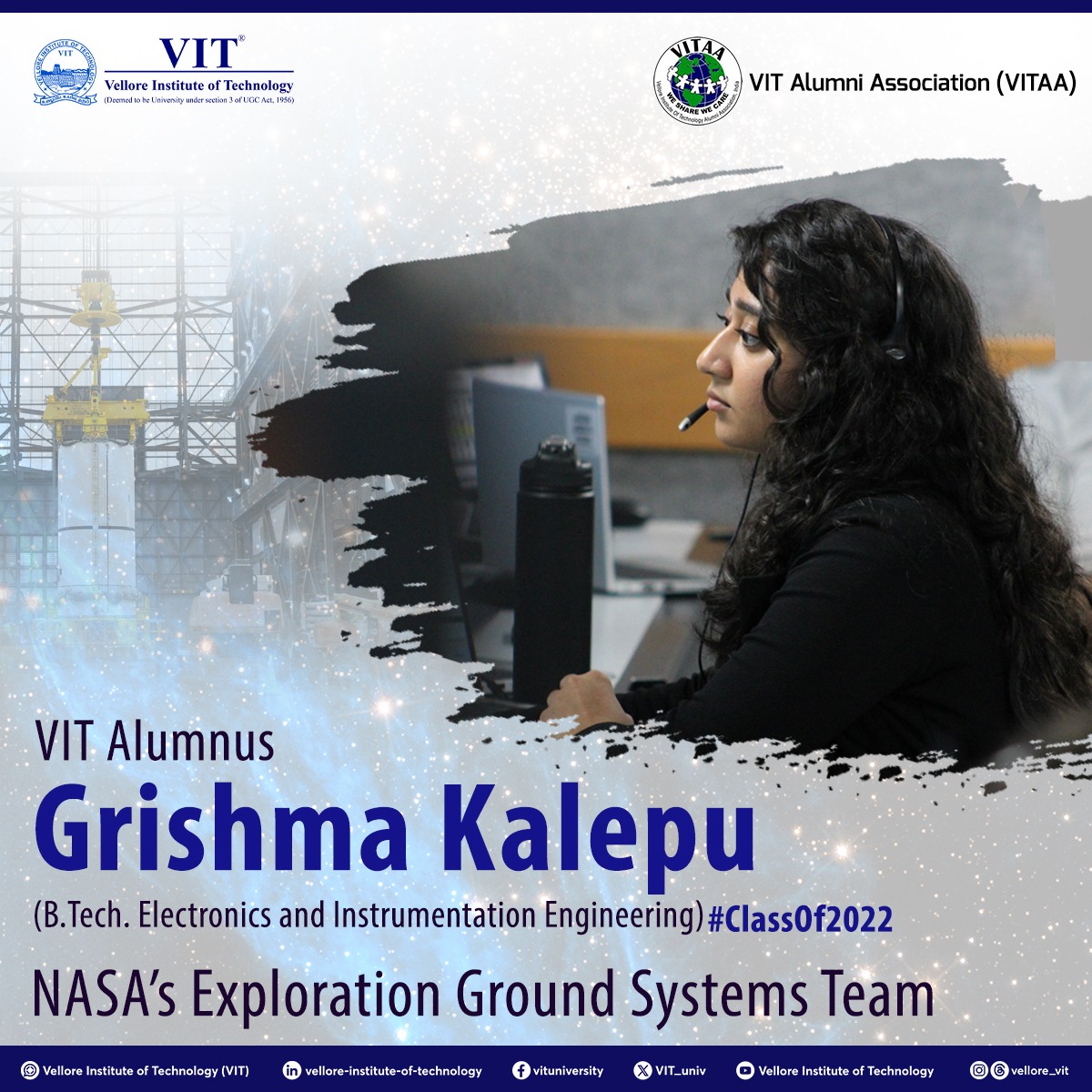 VIT_univ's tweet photo. We are proud to feature our alumnus, Ms. Grishma Kalepu, https://t.co/vPP0VU3J3X. Electronics and Instrumentation Engineering, Class of 2022, who is a member of the NASA’s Exploration Ground Systems.
#AlumniHighlights #VITAlumni #VITAA #NASA #USA #VIT https://t.co/b0eOsdeEMx
