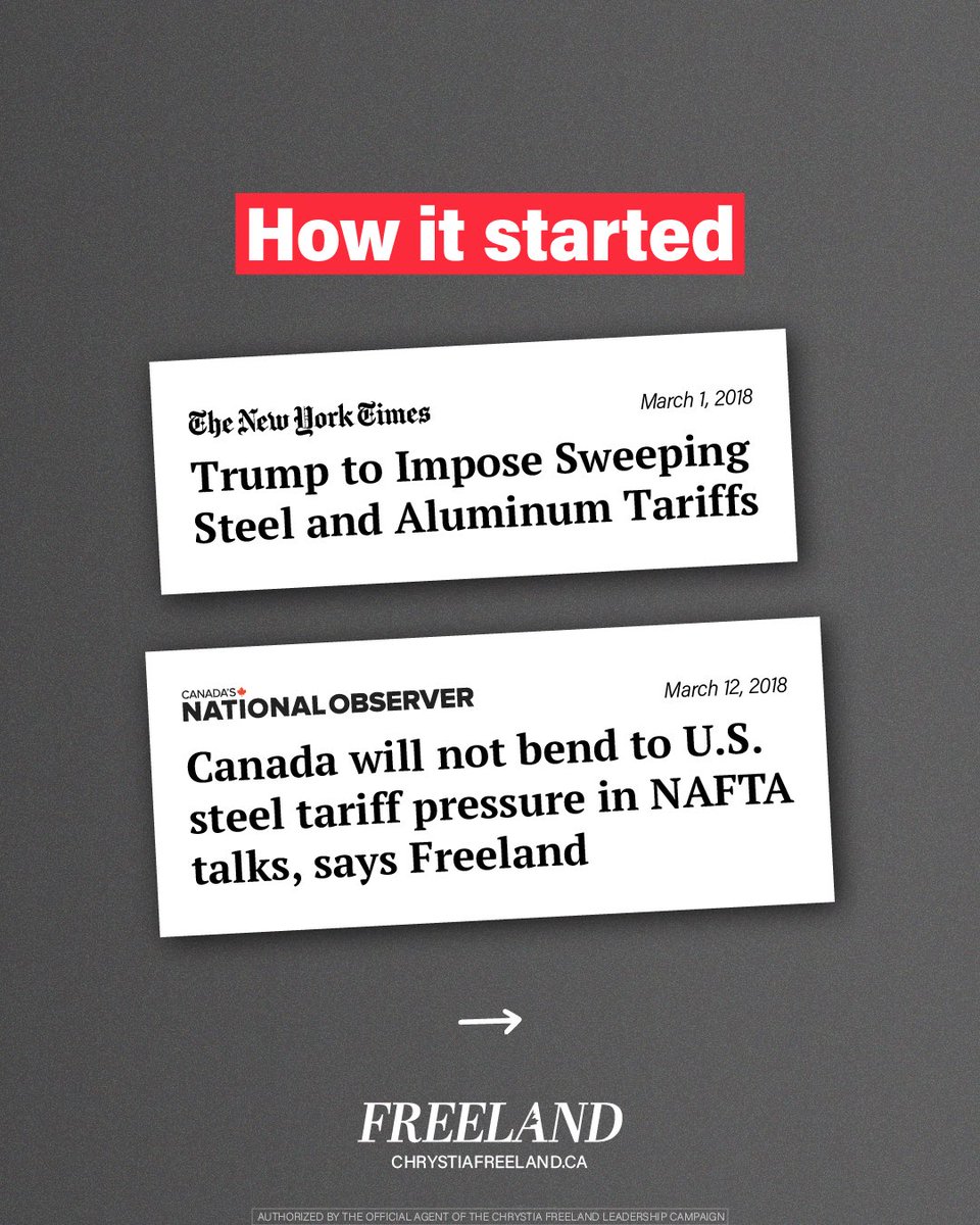 cafreeland's tweet photo. Donald Trump’s new promise to impose tariffs on Canadian steel and aluminum is illegal and unjustified. 

If Trump proceeds with this threat against our industry and workers, we must retaliate dollar-for-dollar—just like in 2018, when I led the fight and won. I can do it again. https://t.co/u1CnbiIab4