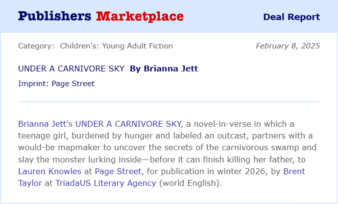 Congratulations to Brianna Jett on the sale of UNDER A CARNIVORE SKY! #TeamTriada