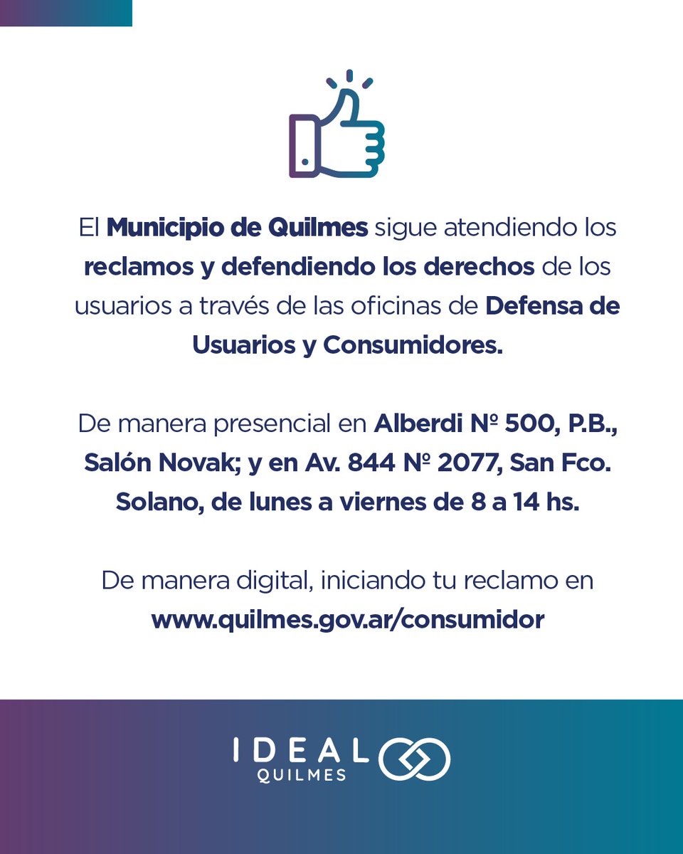 IdealQuilmes's tweet photo. ✅️ En el Municipio de Quilmes las oficinas de Defensa de Usuarios y Consumidores continúan atendiendo estos casos de manera presencial en Alberdi Nº 500, P.B., Salón Novak; y en Av. 844 Nº 2077, San Fco. Solano, de lunes a viernes de 8 a 14 hs. https://t.co/Mf0Ez0IRnu