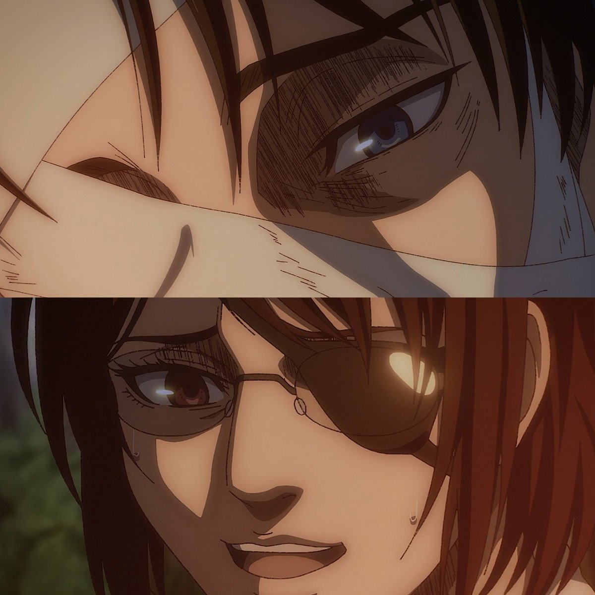 kyuujuuhachi's tweet photo. they had levi and hanji looking at each other like this and then wrote "the feelings of the two soldiers in the forest had already settled" in the official episode synopsis https://t.co/MSzYvC9Fbv