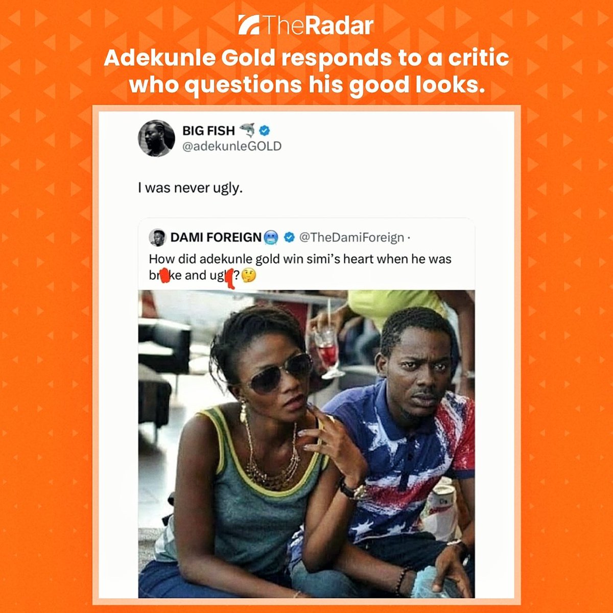 TheRadar_ng's tweet photo. Adekunle Gold responds to a critic

#AdekunleGold #SuperBowl #LaCasaDeLosFamososCol #jailstool #INDvsENG #PLAVE #Goya2025 #Eagles #HappyNewWeek #SuperBowl             #Kendrick #MondayMotivation #Drake #FayeYoko #HappyBirthdayTemi #IfeMi #Mahomes #NnamdiKanu https://t.co/ezdpnBsHI0