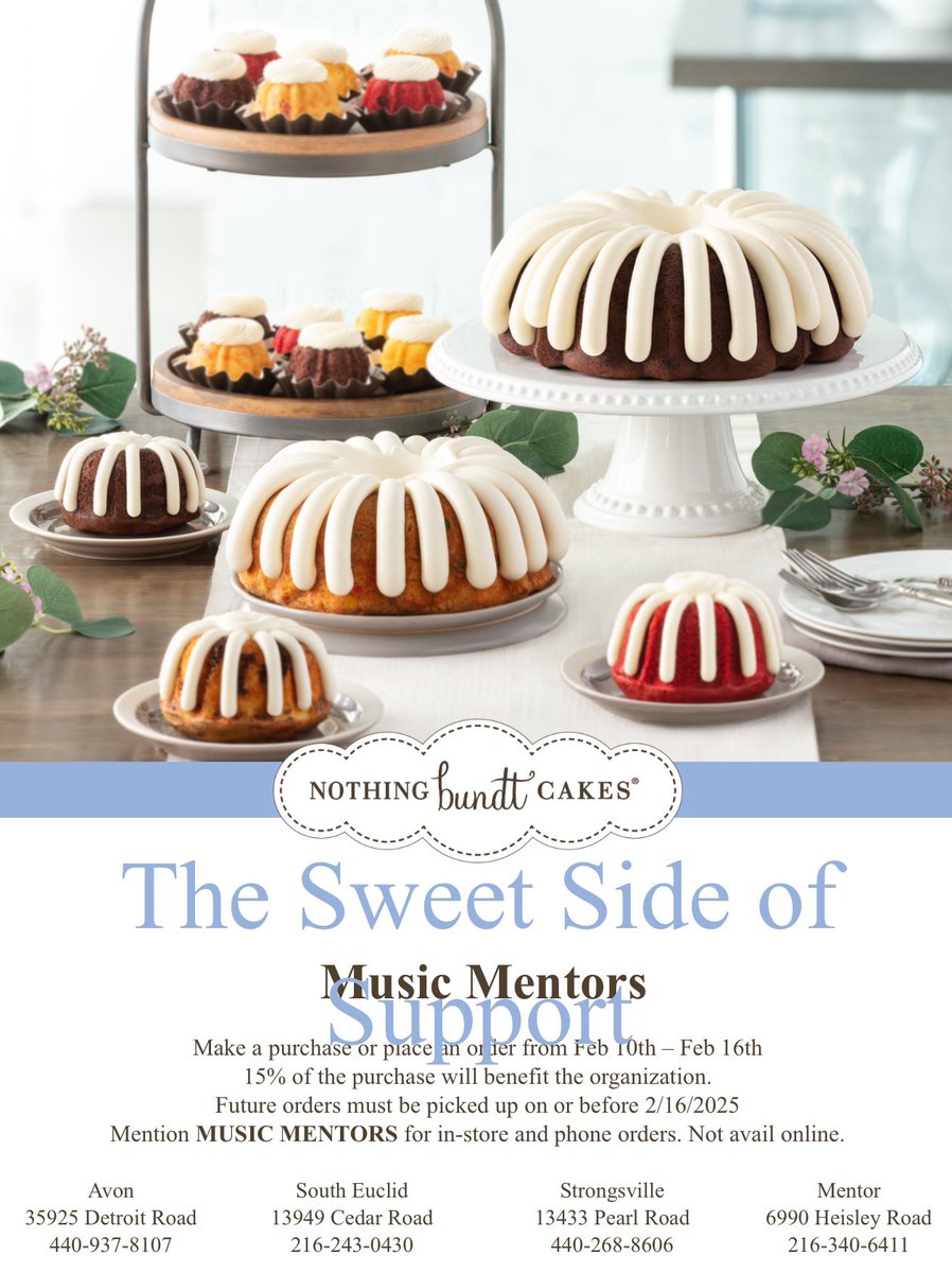 musicmentorsmhs's tweet photo. @mentorFCMB @MentorMSBands @mentorschools We have an awesome fundraiser this week (Feb 10 -16) at Nothing Bundt Cakes! Please see the flyer below and present it or the code when purchasing! Thanks for your support! https://t.co/9QAVE38OYC