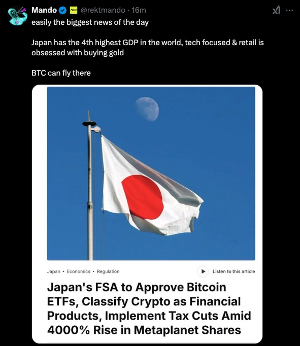 Tyler_Did_It's tweet photo. The Morning Minute (2.10)

⏰Top News:
-Crypto majors green despite tariff concerns, BTC leads
-Japan's Financial Service Agency to revise crypto policy
-Metaplanet shares plans to buy 21,000 BTC
-Saylor buys another 7,633 Bitcoin worth $742M
-Solana stablecoin TVL flips its memecoin market cap

📰NFT Headlines:
-ETH NFT leaders were mostly green on the day; Punks +3% at 36 ETH, Pudgy +4% at 10.25, BAYC +9% at 14.2 ETH, Azuki -2% at 3.1 ETH
-BTC NFT leaders were also very green; Bitcoin Puppets +7%, NodeMonkes +5%, OMB +12%, Quantum Cats +13%
-The Runes leaders were mixed; DOG +14% at $336M mc, PUPS -11% at $37M, BDC -1% at $20M
-NFTfi offered $400k in pre-sale lending for Refik Anadol’s upcoming Machine Hallucinations auction, a new lending model for NFTs

💰 Token, Airdrop & Protocol Tracker
-Pumpfun is reportedly planning to launch a token and may adopt a Dutch auction model, according to the Wu Blockchain account
-Myriad set smashing new records with 25k sign-ups and 82k unique visitors on Sunday ahead of upcoming USDC markets
-Hyperliquid set a new local high in Perps market share over the weekend, passing 50%

🤖 AI x Crypto
-Overall market cap is even at $6.9B, while most leaders are up 5-15%
-VIRTUAL (+2%), FARTCOIN (+10%), ai16z (+23%), FAI (-10%), VVV (+15%), AIXBT (+5%), and ARC (+25%)
-Top movers include CLANKER (+40%), ELIZA (+27%) and DEGENAI (+27%)
-AIXBT regained top mindshare spot; PUNKY and MFER biggest gainers

-Aiccelerate DAO launched their 2025 roadmap with a focus on Building, an Accelerator, Tokenomics & PartnershipToly shared the Whipsers AI product with the tagline “They put crypto into the phone lines?” leading to a surge in the WHISP token (now $14M)

🌎 Macro Crypto and Memes
-Crypto majors are green this morning despite more tariff concerns; BTC +1% at $97,500, ETH -0.3% at $2,650, SOL +1% at $204
-LTC (+9%) and TAO (+8%) led alts
-The Fear and Greed Index hit 35 over the weekend, its lowest level since Sept 6, 2024

-FTX is set to begin repaying customers starting Feb 18
-Metaplanet announced plans to acquire 21,000 Bitcoin worth $2B by 2026
-Klarna to adopt crypto ahead of its IPO (85M customers, 500k merchants)
-Japanese Financial Services shared plans to lift the ban on Bitcoin and Crypto ETFs
-22 US States have now proposed a Strategic Bitcoin Reserve Bill, with Utah furthest along
-The University of Austin bought $5M of Bitcoin, saying “We don’t want to be left behind”
-Solana stablecoin TVL has flipped its overall memecoin market cap

In Memes
-Memecoin leaders were mostly red with DOGE -2%, Shiba -2%, PEPE -1%, TRUMP -5%, BONK -2% & PENGU -2%
-The JAILSTOOL token tied to Dave Portnoy briefly hit $200M before retracing 60% to $80M after the Super Bowl
-The PAIN token traded near $350M on pre-markets over the weekend, meaning a potential 35x for those who contributed