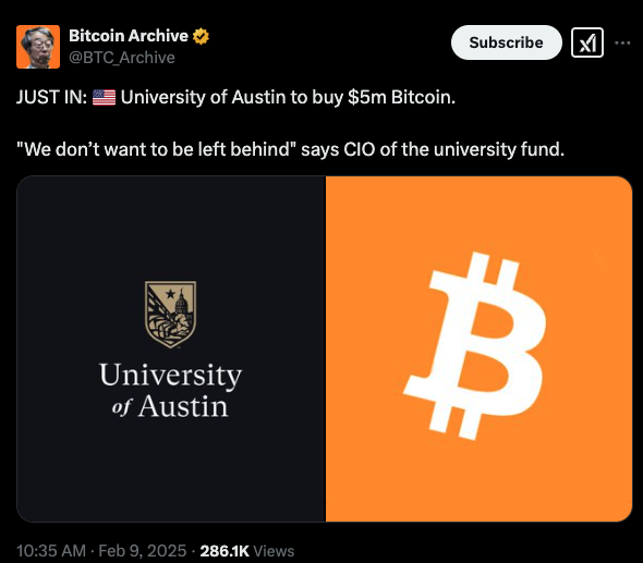 Tyler_Did_It's tweet photo. The Morning Minute (2.10)

⏰Top News:
-Crypto majors green despite tariff concerns, BTC leads
-Japan's Financial Service Agency to revise crypto policy
-Metaplanet shares plans to buy 21,000 BTC
-Saylor buys another 7,633 Bitcoin worth $742M
-Solana stablecoin TVL flips its memecoin market cap

📰NFT Headlines:
-ETH NFT leaders were mostly green on the day; Punks +3% at 36 ETH, Pudgy +4% at 10.25, BAYC +9% at 14.2 ETH, Azuki -2% at 3.1 ETH
-BTC NFT leaders were also very green; Bitcoin Puppets +7%, NodeMonkes +5%, OMB +12%, Quantum Cats +13%
-The Runes leaders were mixed; DOG +14% at $336M mc, PUPS -11% at $37M, BDC -1% at $20M
-NFTfi offered $400k in pre-sale lending for Refik Anadol’s upcoming Machine Hallucinations auction, a new lending model for NFTs

💰 Token, Airdrop & Protocol Tracker
-Pumpfun is reportedly planning to launch a token and may adopt a Dutch auction model, according to the Wu Blockchain account
-Myriad set smashing new records with 25k sign-ups and 82k unique visitors on Sunday ahead of upcoming USDC markets
-Hyperliquid set a new local high in Perps market share over the weekend, passing 50%

🤖 AI x Crypto
-Overall market cap is even at $6.9B, while most leaders are up 5-15%
-VIRTUAL (+2%), FARTCOIN (+10%), ai16z (+23%), FAI (-10%), VVV (+15%), AIXBT (+5%), and ARC (+25%)
-Top movers include CLANKER (+40%), ELIZA (+27%) and DEGENAI (+27%)
-AIXBT regained top mindshare spot; PUNKY and MFER biggest gainers

-Aiccelerate DAO launched their 2025 roadmap with a focus on Building, an Accelerator, Tokenomics & PartnershipToly shared the Whipsers AI product with the tagline “They put crypto into the phone lines?” leading to a surge in the WHISP token (now $14M)

🌎 Macro Crypto and Memes
-Crypto majors are green this morning despite more tariff concerns; BTC +1% at $97,500, ETH -0.3% at $2,650, SOL +1% at $204
-LTC (+9%) and TAO (+8%) led alts
-The Fear and Greed Index hit 35 over the weekend, its lowest level since Sept 6, 2024

-FTX is set to begin repaying customers starting Feb 18
-Metaplanet announced plans to acquire 21,000 Bitcoin worth $2B by 2026
-Klarna to adopt crypto ahead of its IPO (85M customers, 500k merchants)
-Japanese Financial Services shared plans to lift the ban on Bitcoin and Crypto ETFs
-22 US States have now proposed a Strategic Bitcoin Reserve Bill, with Utah furthest along
-The University of Austin bought $5M of Bitcoin, saying “We don’t want to be left behind”
-Solana stablecoin TVL has flipped its overall memecoin market cap

In Memes
-Memecoin leaders were mostly red with DOGE -2%, Shiba -2%, PEPE -1%, TRUMP -5%, BONK -2% & PENGU -2%
-The JAILSTOOL token tied to Dave Portnoy briefly hit $200M before retracing 60% to $80M after the Super Bowl
-The PAIN token traded near $350M on pre-markets over the weekend, meaning a potential 35x for those who contributed