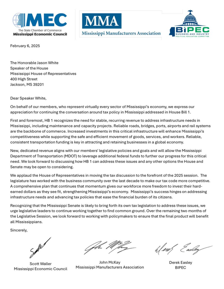 Jason White (@jasonwhitems) on Twitter photo Support has poured in for HB 1. Thank you to our state’s leading business champions, <a href="/MECStateChamber/">MS Economic Council</a>, <a href="/MSManufacturers/">Mississippi Manufacturers Association</a>, and <a href="/bipec/">BIPEC</a>, for applauding the House’s momentous effort to move the tax discussion to the forefront of the 2025 Legislative Session. Support has poured in for HB 1. Thank you to our state’s leading business champions, <a href="/MECStateChamber/">MS Economic Council</a>, <a href="/MSManufacturers/">Mississippi Manufacturers Association</a>, and <a href="/bipec/">BIPEC</a>, for applauding the House’s momentous effort to move the tax discussion to the forefront of the 2025 Legislative Session.
