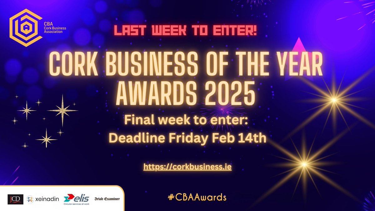 FINAL WEEK TO ENTER THE BUSINESS OF THE YEAR AWARDS!
Don't miss out!
Showcase your business, celebrate your team, boost your brand and stand out in Cork!
Enter here - corkbusiness.ie/cba-awards-cat…