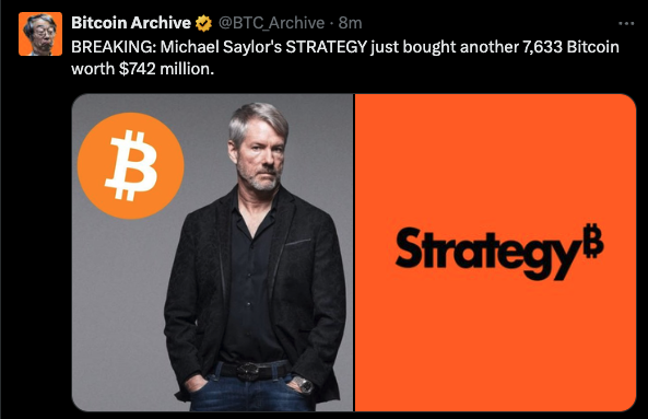 Tyler_Did_It's tweet photo. The Morning Minute (2.10)

⏰Top News:
-Crypto majors green despite tariff concerns, BTC leads
-Japan's Financial Service Agency to revise crypto policy
-Metaplanet shares plans to buy 21,000 BTC
-Saylor buys another 7,633 Bitcoin worth $742M
-Solana stablecoin TVL flips its memecoin market cap

📰NFT Headlines:
-ETH NFT leaders were mostly green on the day; Punks +3% at 36 ETH, Pudgy +4% at 10.25, BAYC +9% at 14.2 ETH, Azuki -2% at 3.1 ETH
-BTC NFT leaders were also very green; Bitcoin Puppets +7%, NodeMonkes +5%, OMB +12%, Quantum Cats +13%
-The Runes leaders were mixed; DOG +14% at $336M mc, PUPS -11% at $37M, BDC -1% at $20M
-NFTfi offered $400k in pre-sale lending for Refik Anadol’s upcoming Machine Hallucinations auction, a new lending model for NFTs

💰 Token, Airdrop & Protocol Tracker
-Pumpfun is reportedly planning to launch a token and may adopt a Dutch auction model, according to the Wu Blockchain account
-Myriad set smashing new records with 25k sign-ups and 82k unique visitors on Sunday ahead of upcoming USDC markets
-Hyperliquid set a new local high in Perps market share over the weekend, passing 50%

🤖 AI x Crypto
-Overall market cap is even at $6.9B, while most leaders are up 5-15%
-VIRTUAL (+2%), FARTCOIN (+10%), ai16z (+23%), FAI (-10%), VVV (+15%), AIXBT (+5%), and ARC (+25%)
-Top movers include CLANKER (+40%), ELIZA (+27%) and DEGENAI (+27%)
-AIXBT regained top mindshare spot; PUNKY and MFER biggest gainers

-Aiccelerate DAO launched their 2025 roadmap with a focus on Building, an Accelerator, Tokenomics & PartnershipToly shared the Whipsers AI product with the tagline “They put crypto into the phone lines?” leading to a surge in the WHISP token (now $14M)

🌎 Macro Crypto and Memes
-Crypto majors are green this morning despite more tariff concerns; BTC +1% at $97,500, ETH -0.3% at $2,650, SOL +1% at $204
-LTC (+9%) and TAO (+8%) led alts
-The Fear and Greed Index hit 35 over the weekend, its lowest level since Sept 6, 2024

-FTX is set to begin repaying customers starting Feb 18
-Metaplanet announced plans to acquire 21,000 Bitcoin worth $2B by 2026
-Klarna to adopt crypto ahead of its IPO (85M customers, 500k merchants)
-Japanese Financial Services shared plans to lift the ban on Bitcoin and Crypto ETFs
-22 US States have now proposed a Strategic Bitcoin Reserve Bill, with Utah furthest along
-The University of Austin bought $5M of Bitcoin, saying “We don’t want to be left behind”
-Solana stablecoin TVL has flipped its overall memecoin market cap

In Memes
-Memecoin leaders were mostly red with DOGE -2%, Shiba -2%, PEPE -1%, TRUMP -5%, BONK -2% & PENGU -2%
-The JAILSTOOL token tied to Dave Portnoy briefly hit $200M before retracing 60% to $80M after the Super Bowl
-The PAIN token traded near $350M on pre-markets over the weekend, meaning a potential 35x for those who contributed