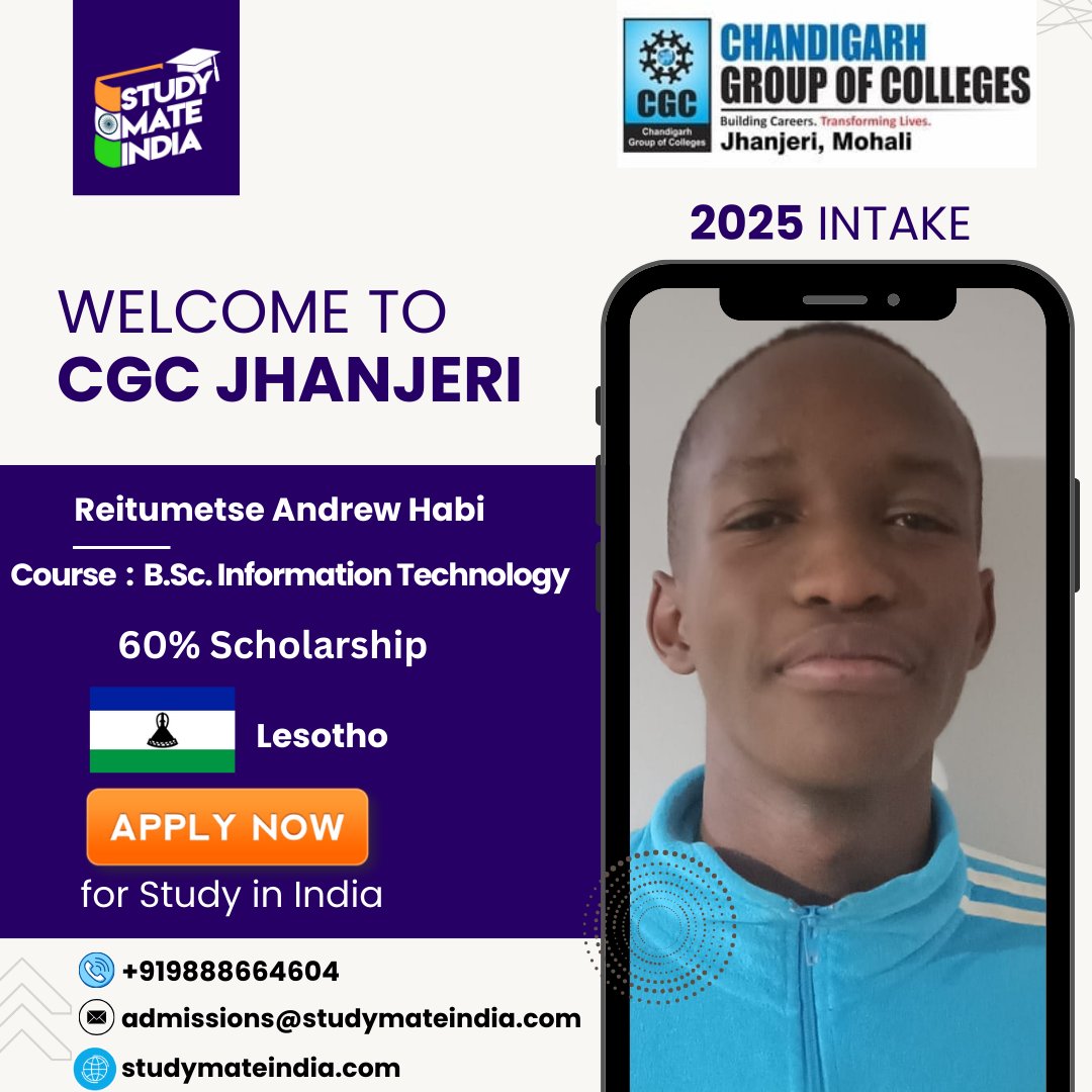 studymateindia's tweet photo. 📷 Welcome to CGC Jhanjeri, Reitumetse Andrew Habi! 📷📷

📷 From Lesotho to India, embarking on a journey of knowledge and growth!
📷 https://t.co/c5LygrqoDX. Information Technology
📷 60% Scholarship – A step closer to achieving dreams! https://t.co/x3pvIh0dEk