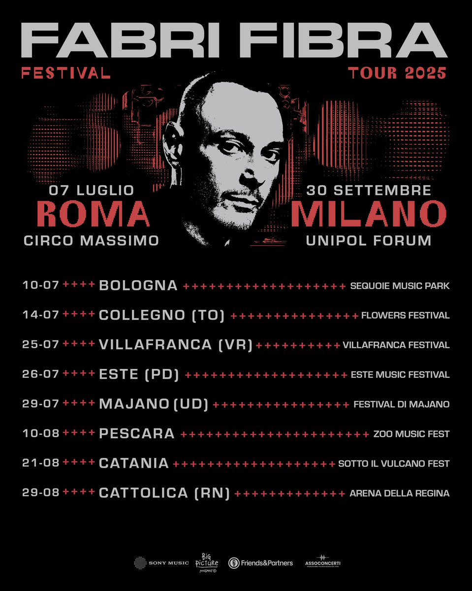 Fibra, ma quando fai il Circo Massimo?! Quando fai il Forum?! E il tour estivo?! Ecco, il 7 luglio 2025 a Roma e il 30 settembre a Milano.

Altre date del tour sono in arrivo. Le prevendite per le date di Roma e Milano aprono oggi dalle 17.00. Domani per le altre date, sempre