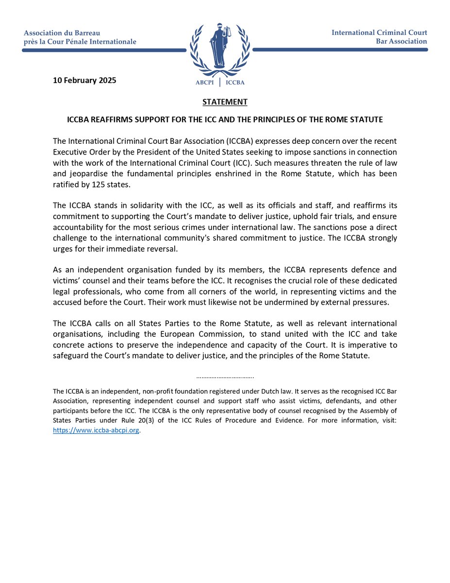 The ICCBA reaffirms support for the <a href="/IntlCrimCourt/">Int'l Criminal Court</a>  and the principles of the Rome Statute and calls upon States Parties and international organisations to stand united with the #ICC