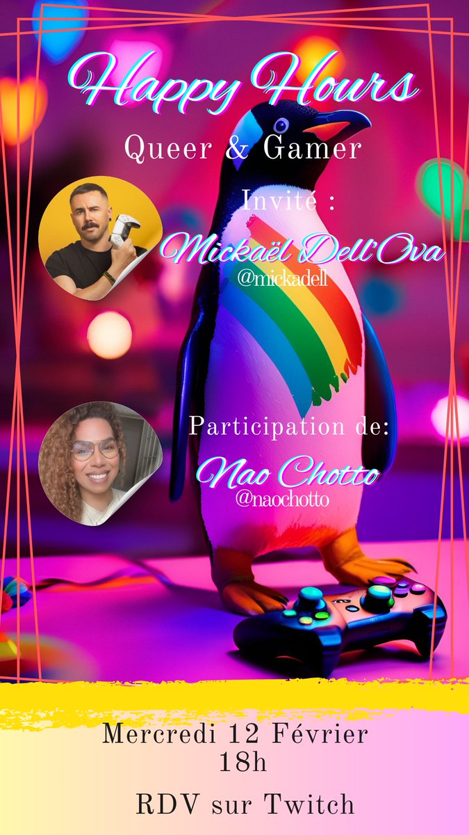 CATEGORY IS 💅
Nouvelle édition des Happy Hours : "Queer &amp; Jeux Vidéos" 
Je serai accompagné de <a href="/DellMicka/">hubpron video 🇲🇾</a> qui connait le monde du JV comme sa poche ainsi que de <a href="/naochotto/">Nao</a> qui nous fera part de son expérience en tant que Gamer/Streamer LGBTQIA+

N'hésitez pas à venir participer!