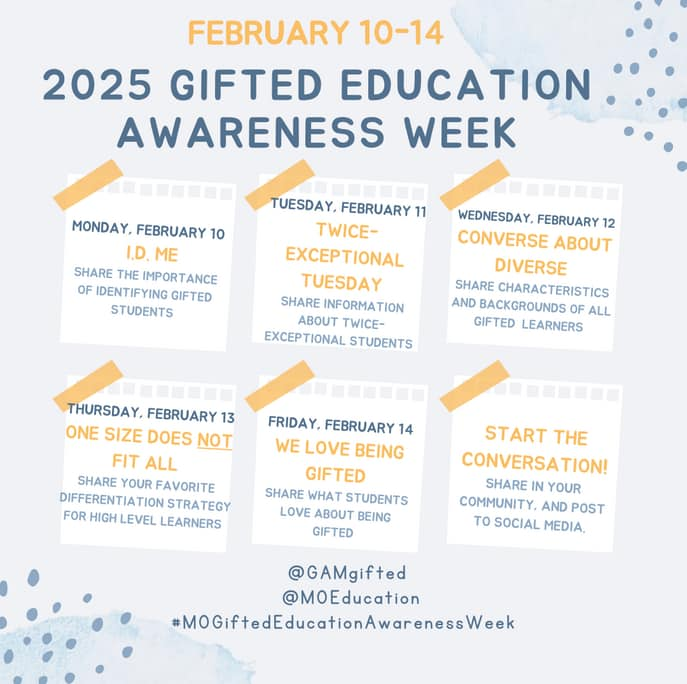 Gifted Association of Missouri (@gamgifted) on Twitter photo Today begins Gifted Education Awareness Week! What are you doing with students or staff to celebrate?
#MOGiftedEducationWeek
Tag <a href="/GAMgifted/">Gifted Association of Missouri</a> & <a href="/MOEducation/">Missouri DESE</a> to share! Today begins Gifted Education Awareness Week! What are you doing with students or staff to celebrate?
#MOGiftedEducationWeek
Tag <a href="/GAMgifted/">Gifted Association of Missouri</a> & <a href="/MOEducation/">Missouri DESE</a> to share!