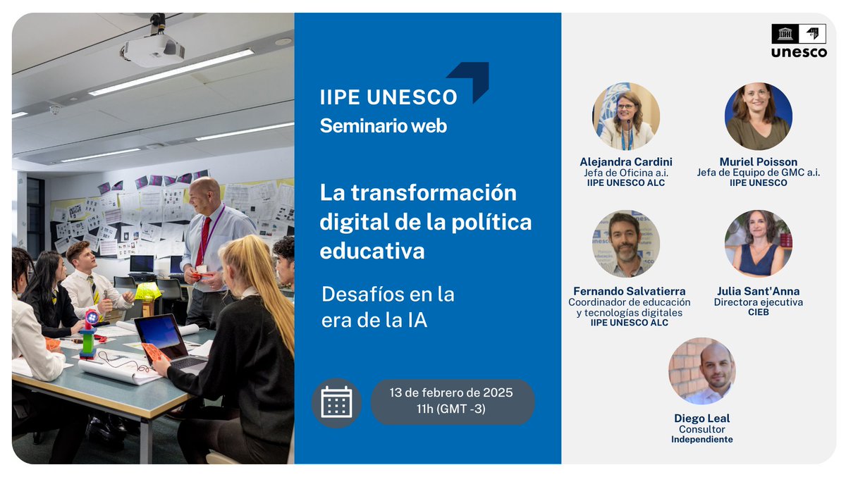La transformación digital de la política educativa: ¡nuevo seminario web! 🇺🇳

🔹Moderan: <a href="/LuliCardini/">Alejandra Cardini</a> y <a href="/SalvatierraFer/">Fernando Salvatierra</a> del <a href="/IIPEUNESCO_BA/">IIPE UNESCO América Latina y el Caribe</a>
🔸Exponen: <a href="/ETICO_IIEP/">Muriel Poisson</a> del @IIEPUNESCO; <a href="/qadmon/">Diego Leal</a>; y Julia Sant'Anna del <a href="/cieb_net/">CIEB Centro de Inovação para a Educação Brasileira</a>

Conoce más e inscríbete gratis ➡️ my.iiep.unesco.org/es/la-transfor…