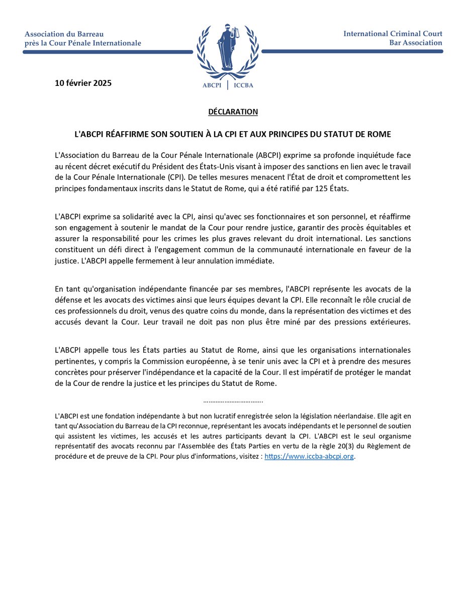 L'ABCPI réaffirme son soutien à la <a href="/IntlCrimCourt/">Int'l Criminal Court</a> et aux principes du Statut de Rome et appelle les États Parties ainsi que les organisations internationales à se tenir unis avec la #CPI.