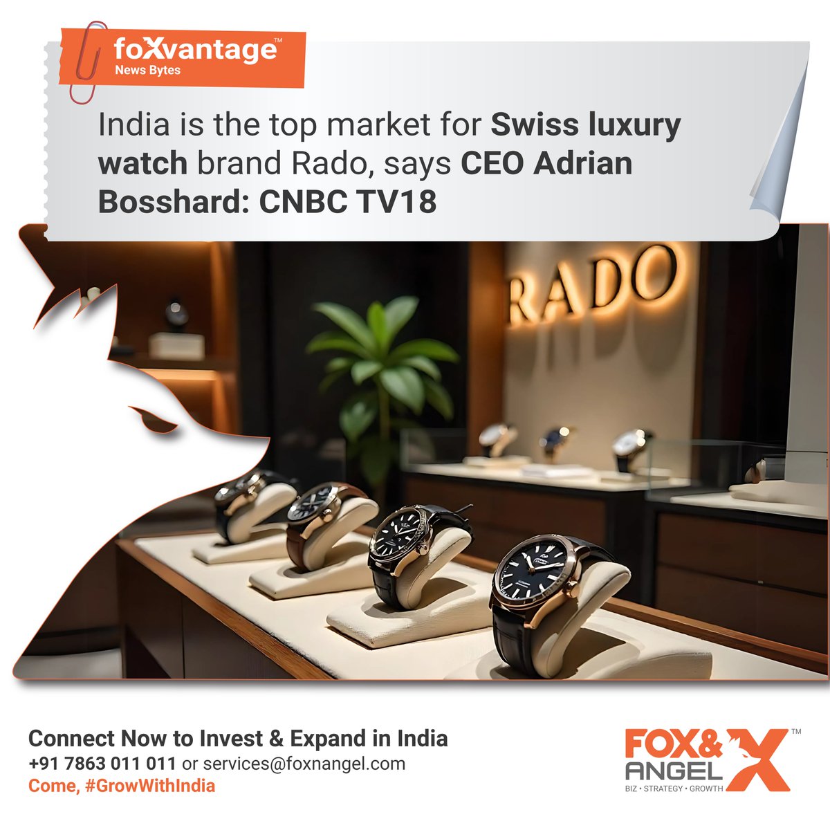 foxnangel's tweet photo. India is the top market for Swiss luxury watch brand Rado, says CEO Adrian Bosshard: CNBC TV18
Connect Now to Invest & Expand in India
.
Visit - https://t.co/gOVXbsBubH
.
#LuxuryWatch #Watches #SwissLuxury #SwissWatch #RadoWatch #LuxuryIndia #WatchCollector #Rado #FoxnAngel https://t.co/NcsQI43pn3