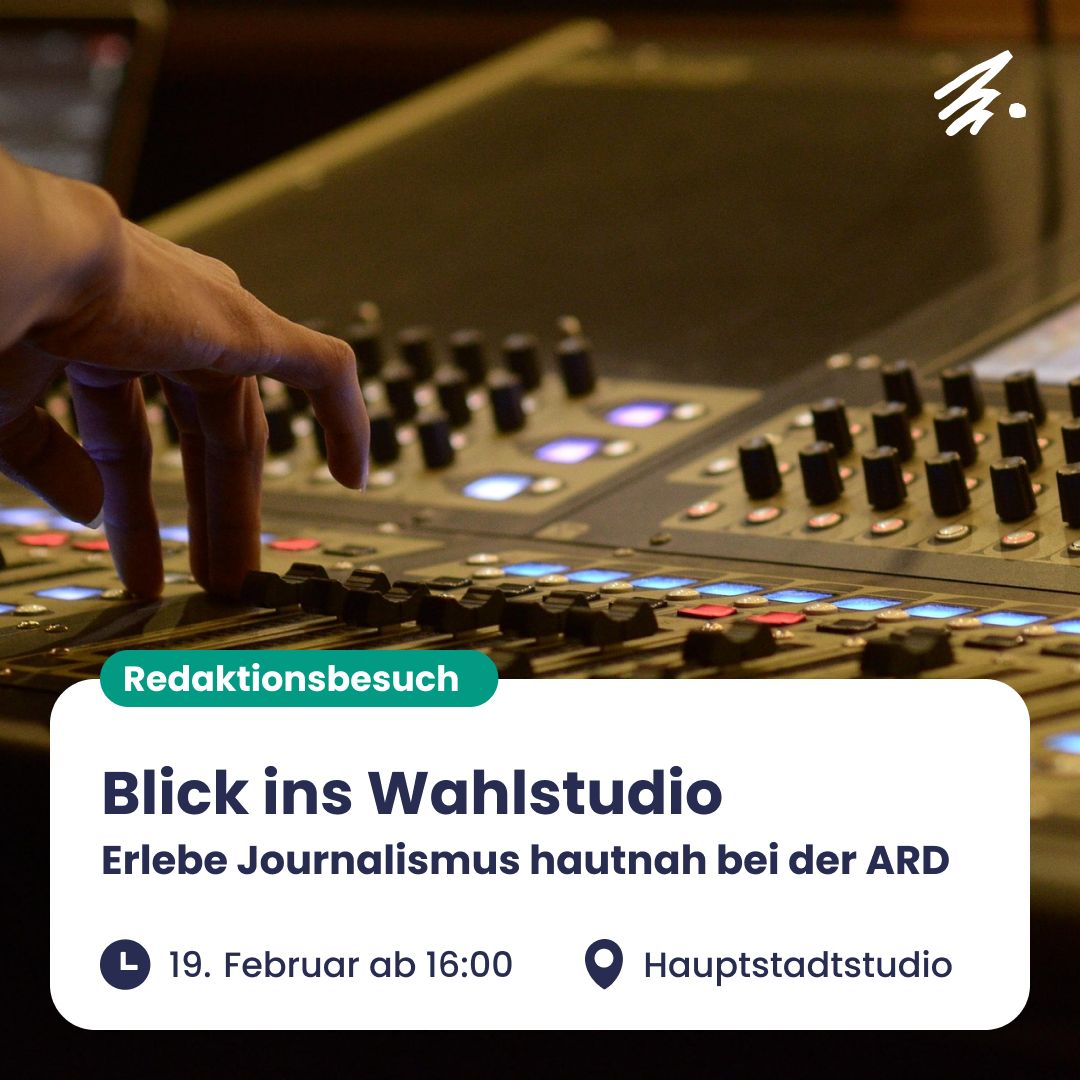 deinejpb's tweet photo. Am Mittwoch, den 19. Februar können wir gemeinsam einen Blick ins Wahlstudio der ARD werfen. 🎥 📺 ✨ 

Die Anmeldung geht nur noch bis zum 13. Februar. Seid schnell!

Alle Infos und die Anmeldung findet ihr folgenden Link:
https://t.co/O8VB2cQdou https://t.co/5nj01KEoen