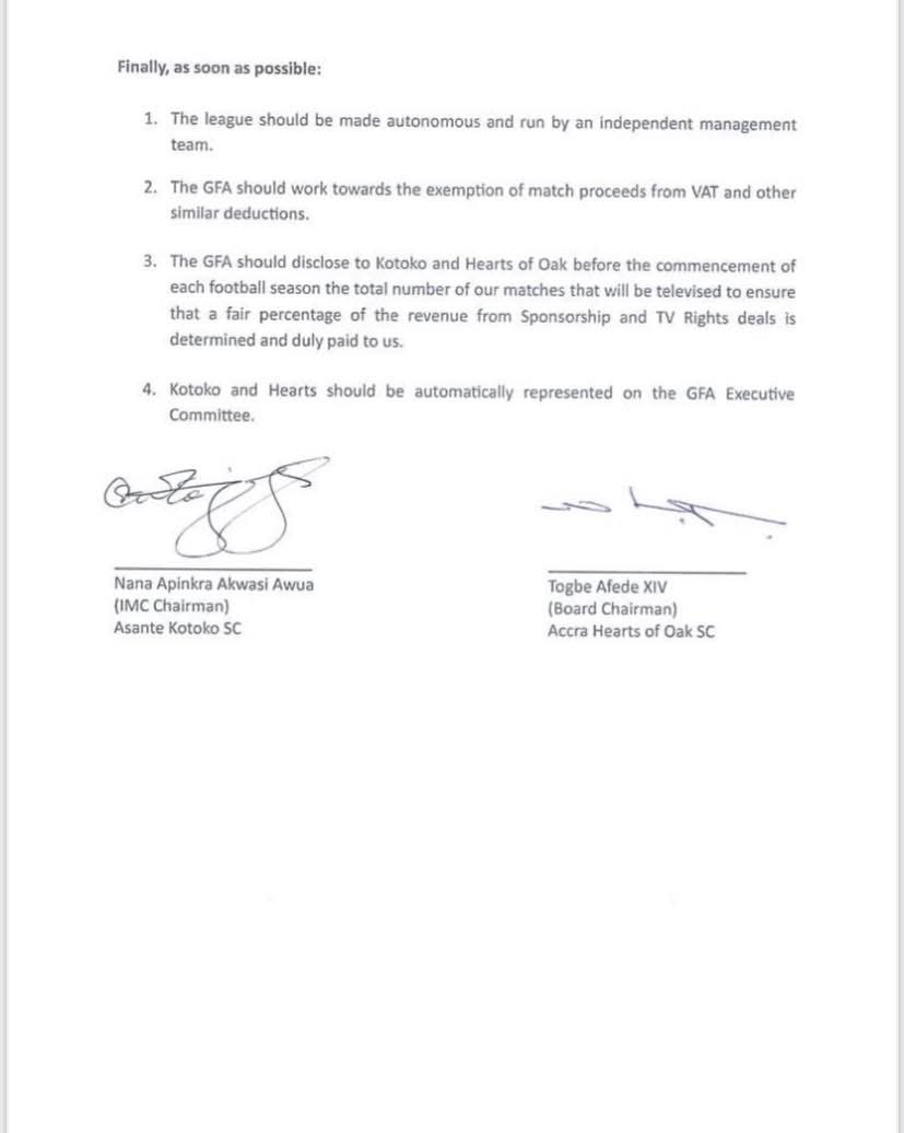 BREAK: Hearts of Oak &amp; Asante Kotoko sign joint statements to force reforms in Ghana League.

They want; 

✅The running of the league should taken away from the GFA handed to an autonomous independent management body “as soon as possible”. 

✅Move league matches from stadia not