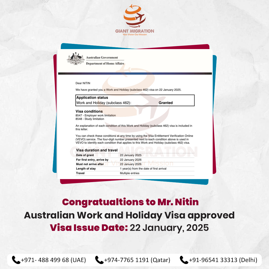 GiantMigration's tweet photo. Congrats to Mr. Nitin on achieving Australian Work and Holiday Visa.
π+971-488 499 68 (UAE)
π+974-7765 1191 (Qatar)
π+91-96541 33313 (Delhi)
#Successstory #Australiavisa #Australiavisaapproved #Australia #Subclass462 #Wrokandholidayvisa https://t.co/DHJ9TOnGAf