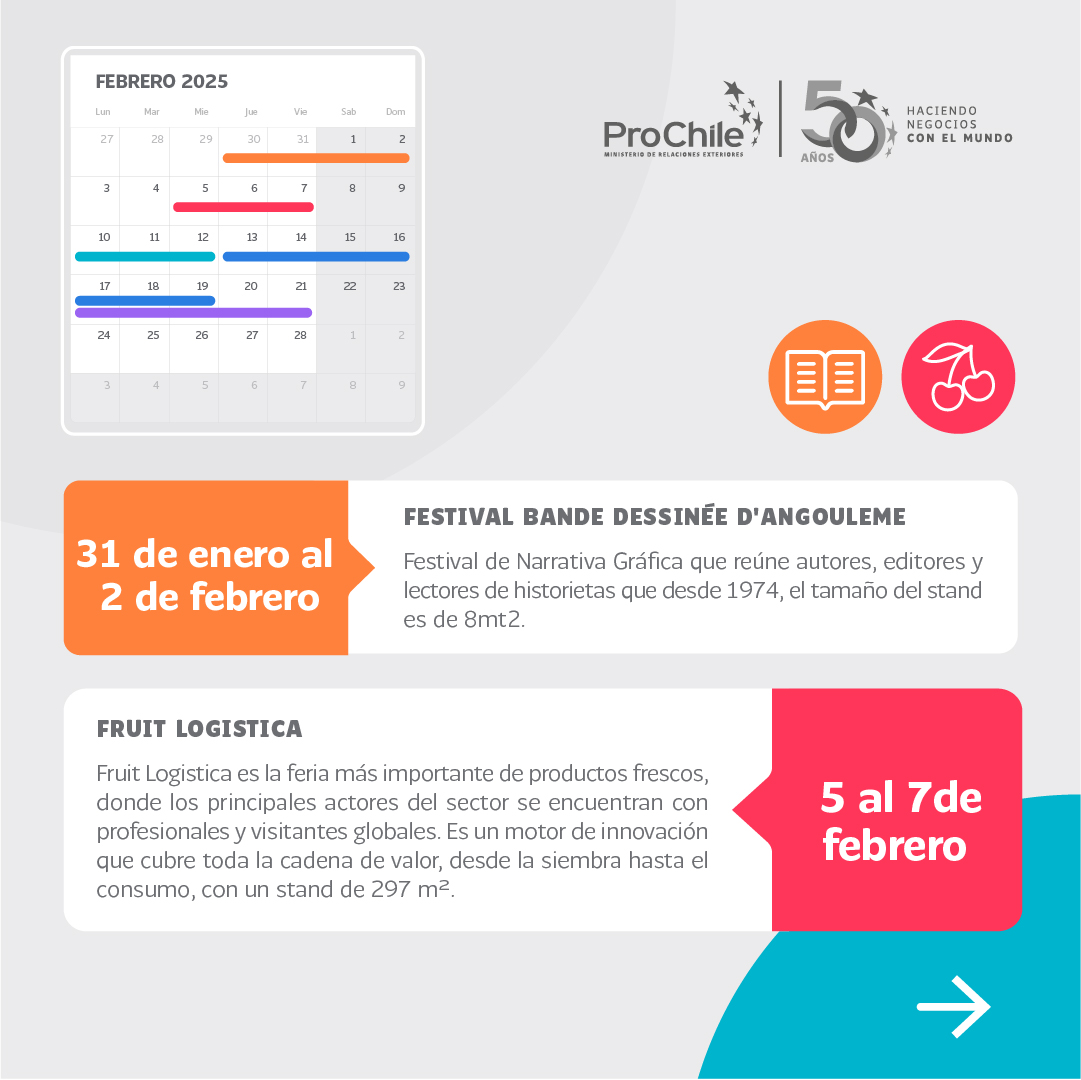 ProChile's tweet photo. ¡Un febrero lleno de actividades! 🗓️

ProChile te invita a conocer las ferias internacionales donde Chile estará presente: narrativa gráfica, cine, pisco y alimentos. 📽️🎨🍒🥂

¡Grandes oportunidades para expandir horizontes y conectar con mercados internacionales! 🌍✨ https://t.co/HTpgGZzJj6