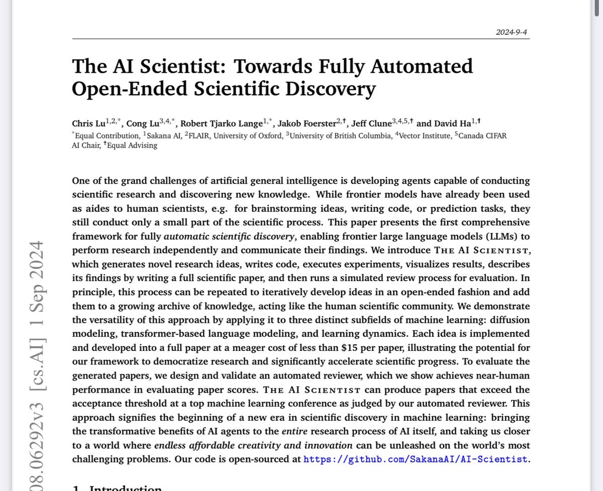 emollick's tweet photo. AI is unlikely to speed up science by multiples acting solely as a co-pilot to humans.

There are some early successes using current LLMs to autonomously research, plan &amp; conduct experiments, including learning how to use equipment by reading documentation, with big implications. https://t.co/mArB0ZPtJM