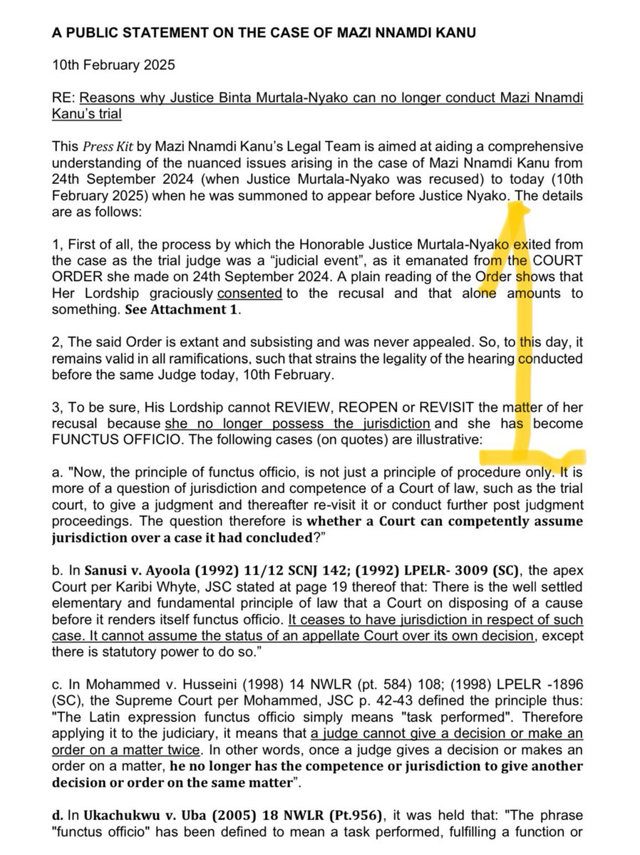 AloyEjimakor's tweet photo. OFFICIAL STATEMENT: For avoidance of doubt, the court proceedings today concerning MAZI NNAMDI KANU is a complete NULLITY because the Judge, having been recused, possessed no jurisdiction to conduct the hearing. Thus, any Order of sine die purportedly made is also a nullity. https://t.co/eRQPg3vlJM