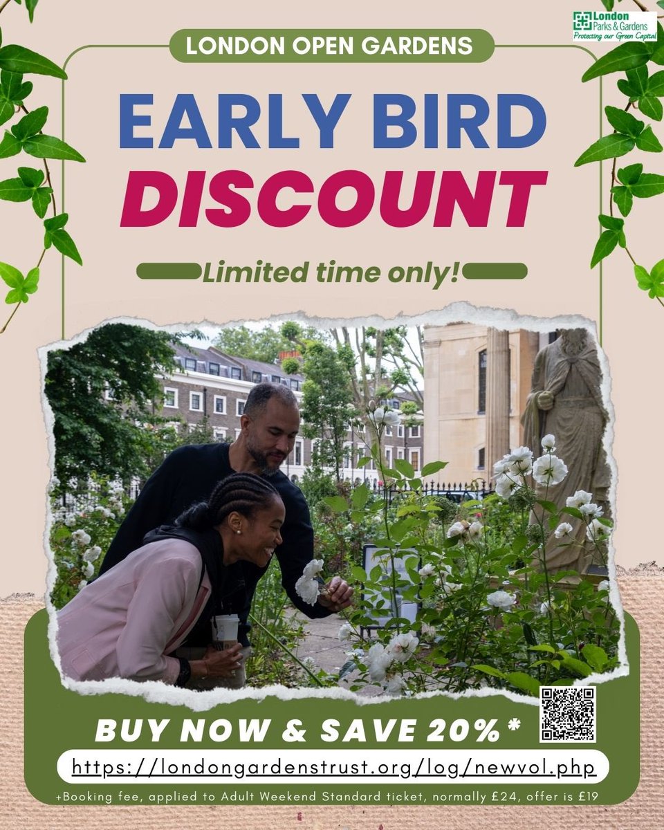 Miss it! Miss out!
Save 20% on tickets for London Open Gardens 2025 when you buy them now with our early bird discount.

Usual price Adult Standard is £24. Right now they are £19 + booking fee. Tell your friends! 

londonparksandgardens.eventcube.io/events/67831/l…