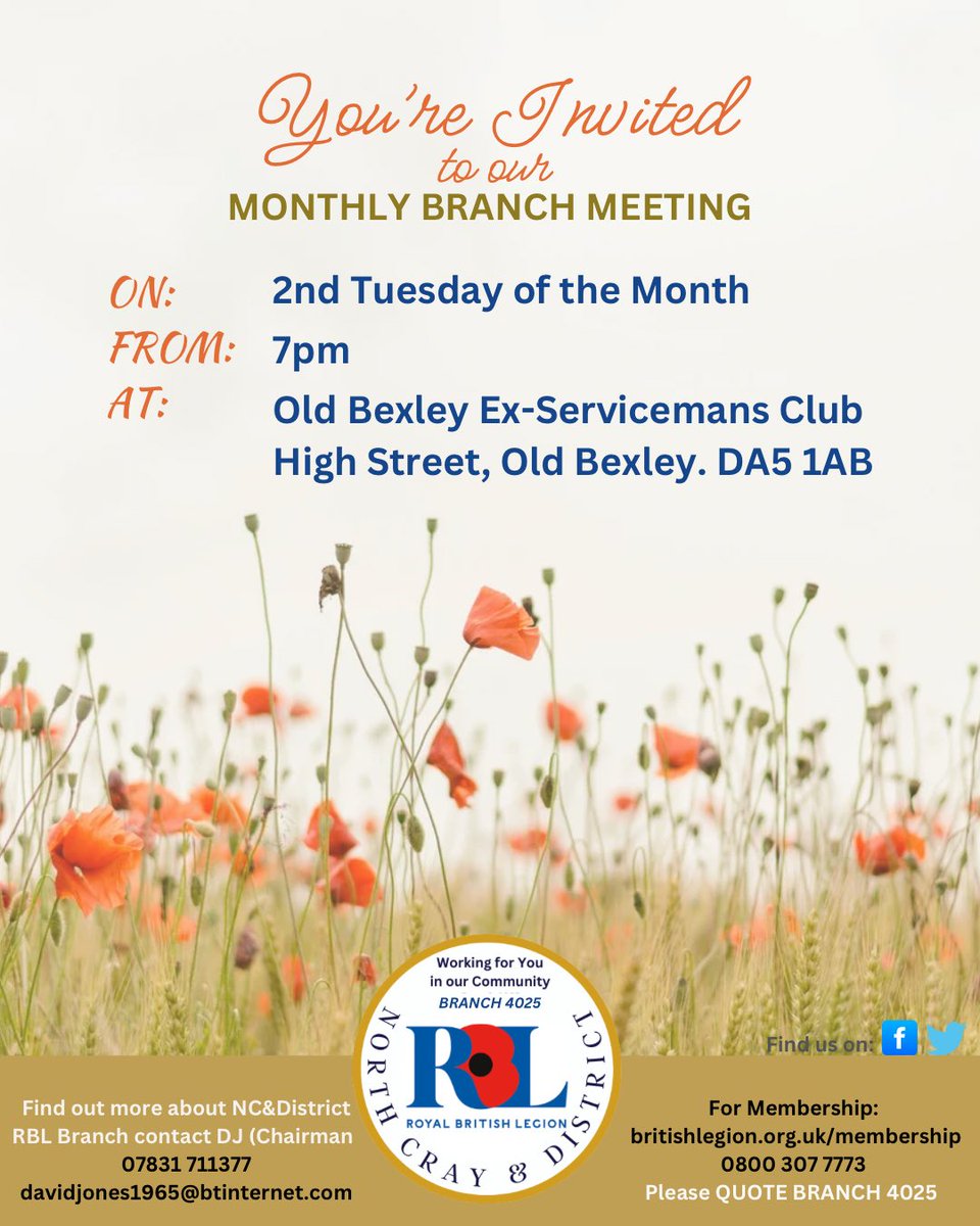 NorthCrayDisRBL's tweet photo. An open invite to all from @NorthCrayDisRBL - @PoppyLegion @LBofBexley @AllandAboutSidc @FriendsCray @davidjones1965 @louie_french @NicolaDiligence #OldBexley #ExServicemansClub #OBESC @BexleyWOT #RBL #RoyalBritishLegion #branch4025 #northcray #membership #membersmeeting #joinus https://t.co/OH5KWgSVRO