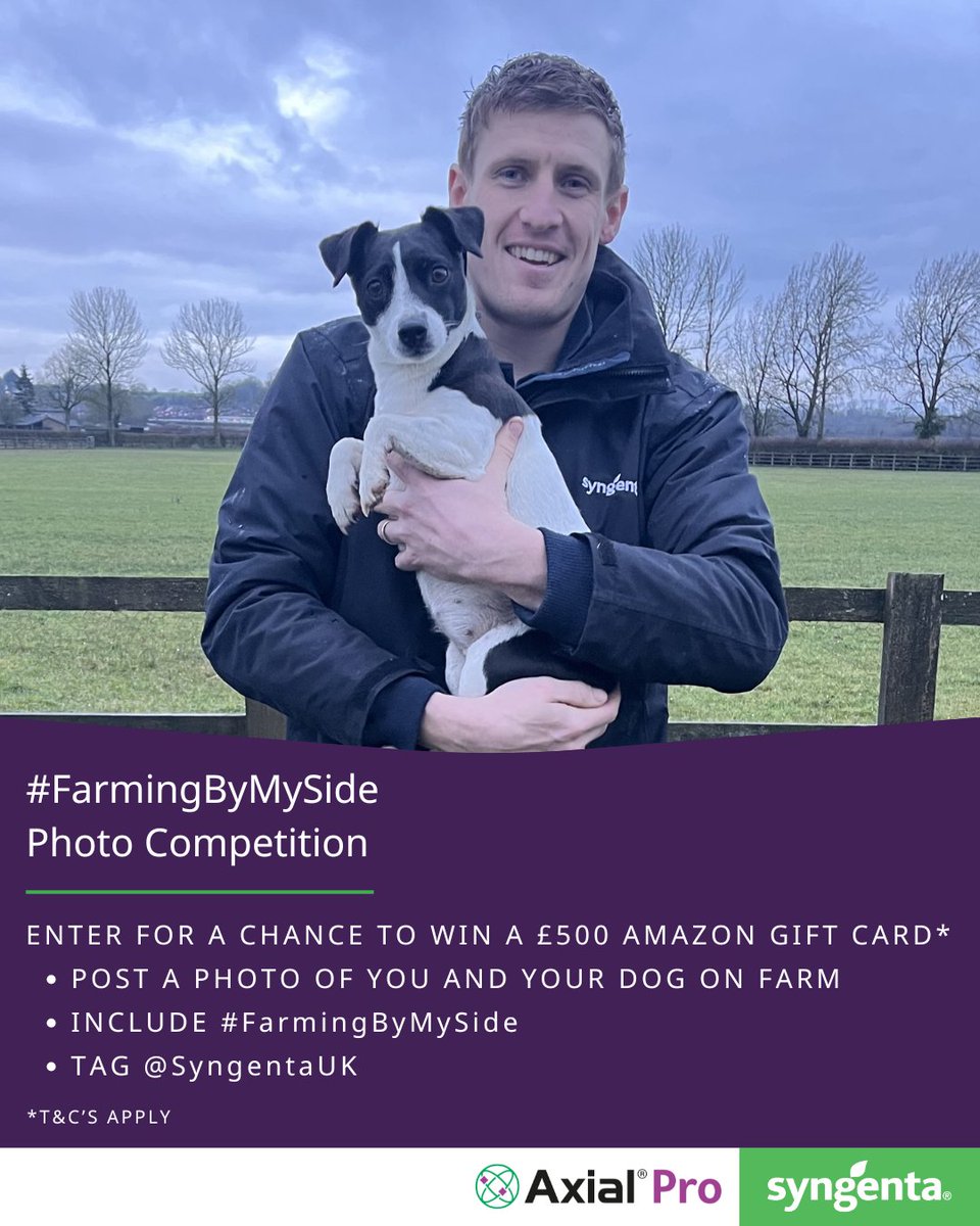 🏆 Farmer's best friend photo competition alert! 🐕 

Simply:
- Post a photo of you and your dog on farm
- Include #FarmingByMySide
- Tag <a href="/SyngentaUK/">Syngenta UK</a> 

...for a chance to win £500 in Amazon gift cards in our AXIAL® Pro FarmingByMySide photo competition!

AXIAL® Pro has been